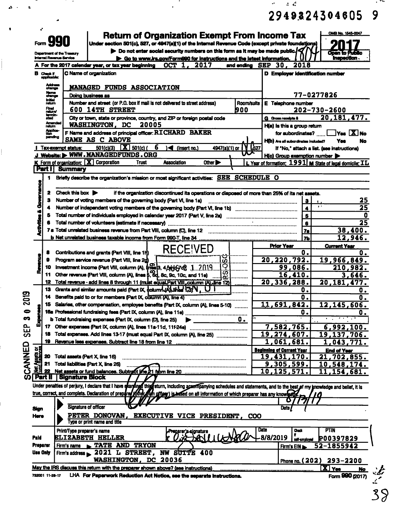 Image of first page of 2017 Form 990O for Managed Funds Association (MFA)