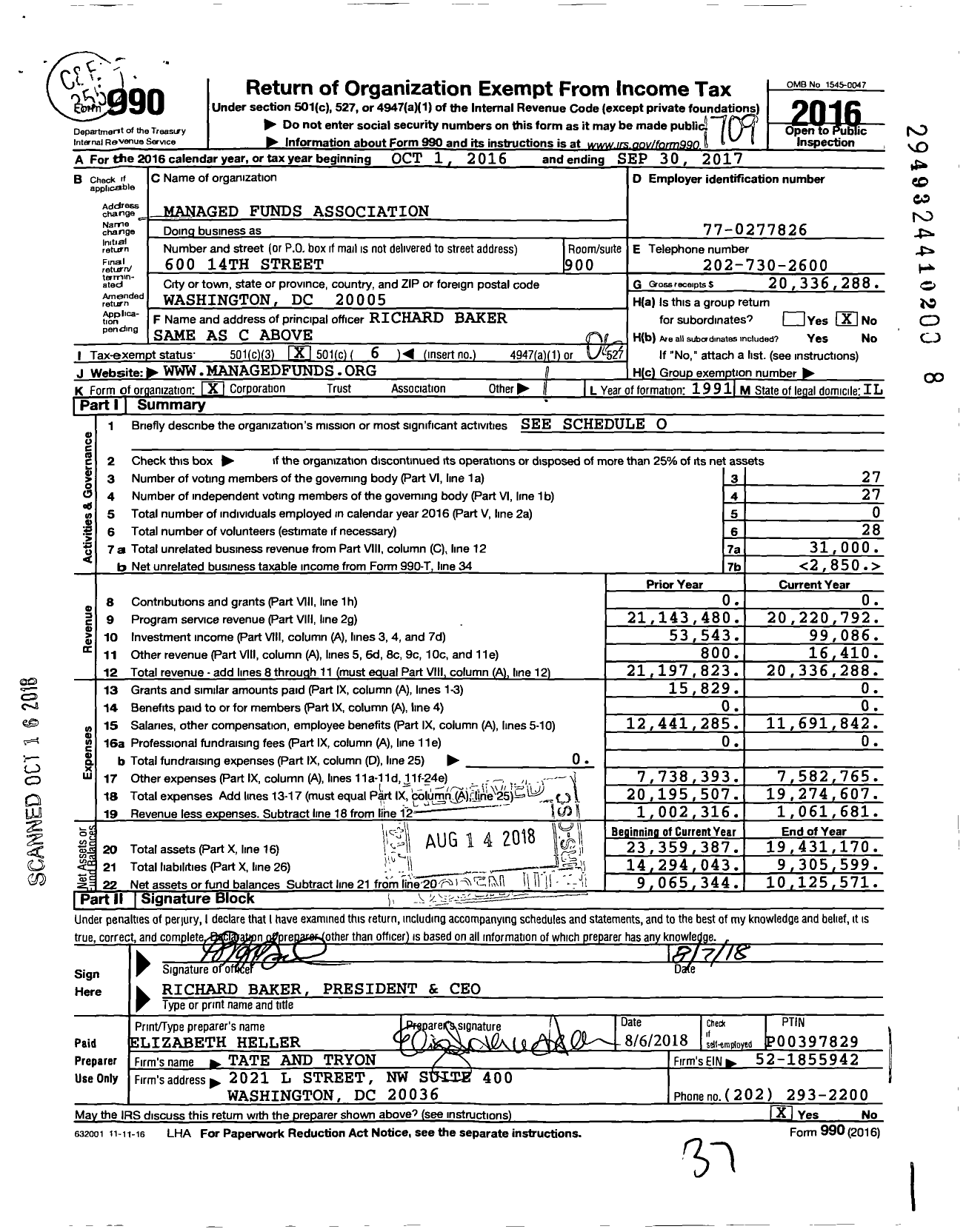 Image of first page of 2016 Form 990O for Managed Funds Association (MFA)