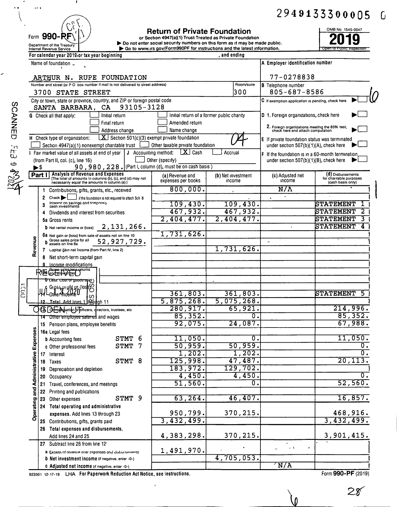 Image of first page of 2019 Form 990PF for Arthur N Rupe Foundation (ANRF)