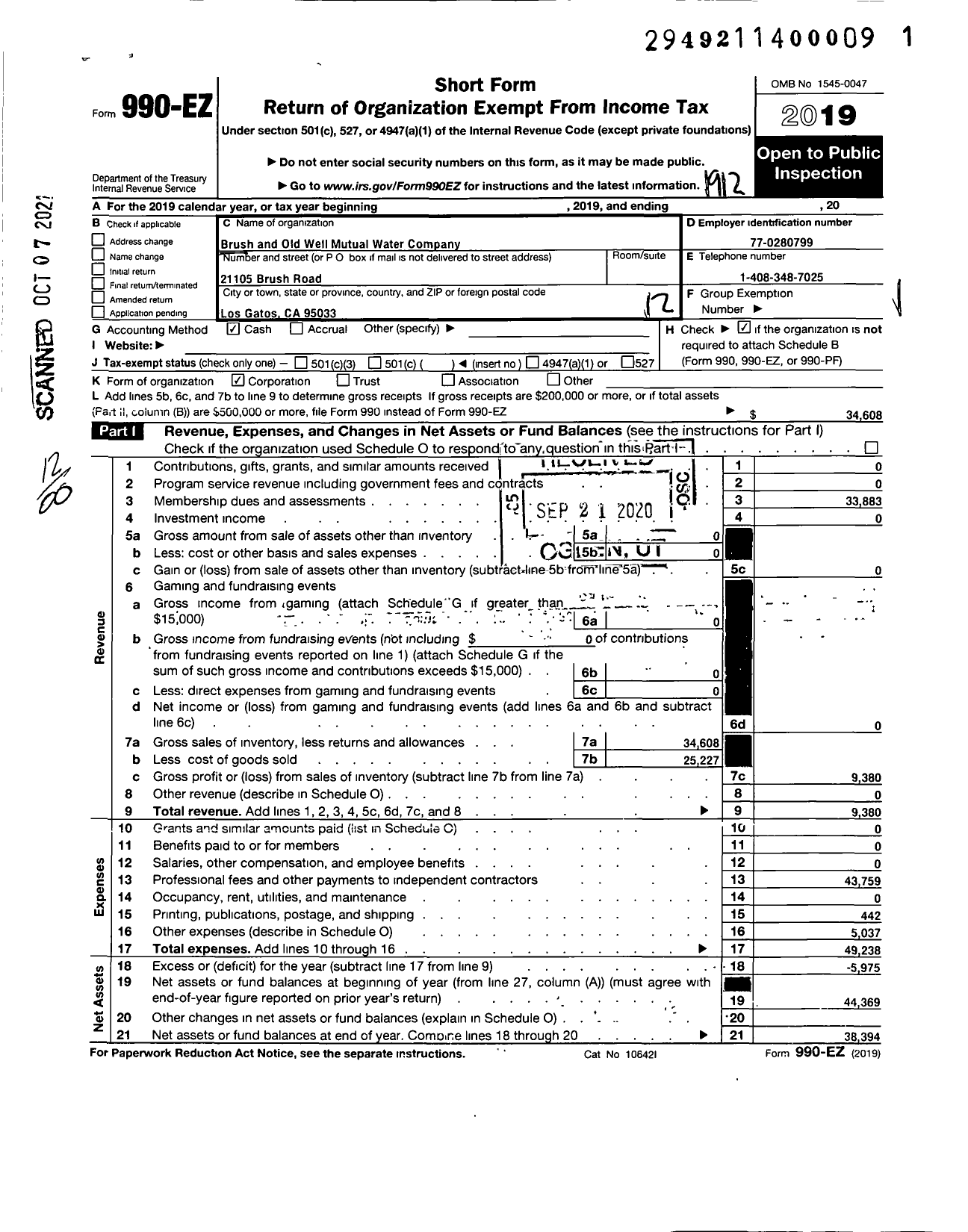 Image of first page of 2019 Form 990EO for Brush and Old Well Mutual Water Company