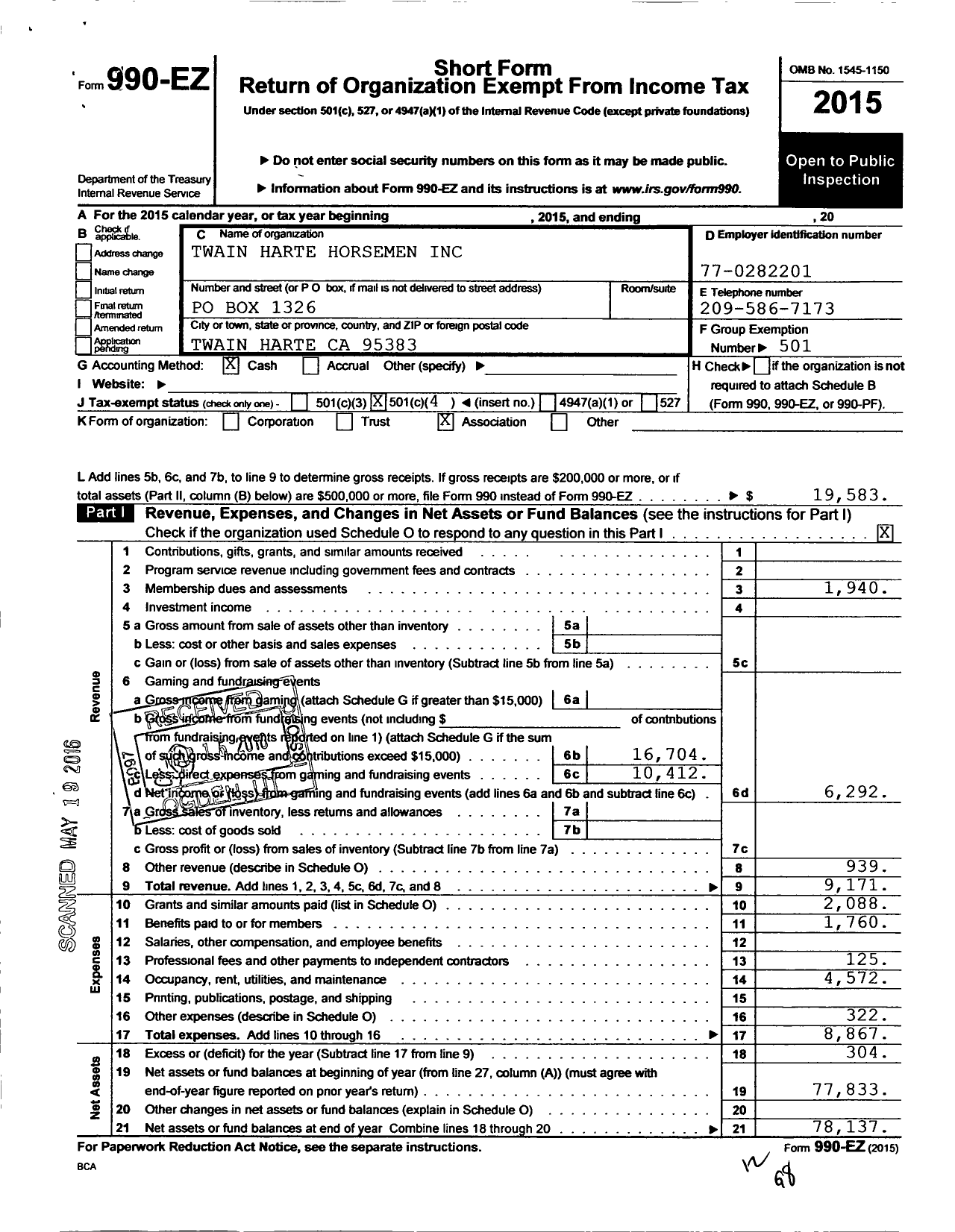 Image of first page of 2015 Form 990EO for Twain Harte Horsemen