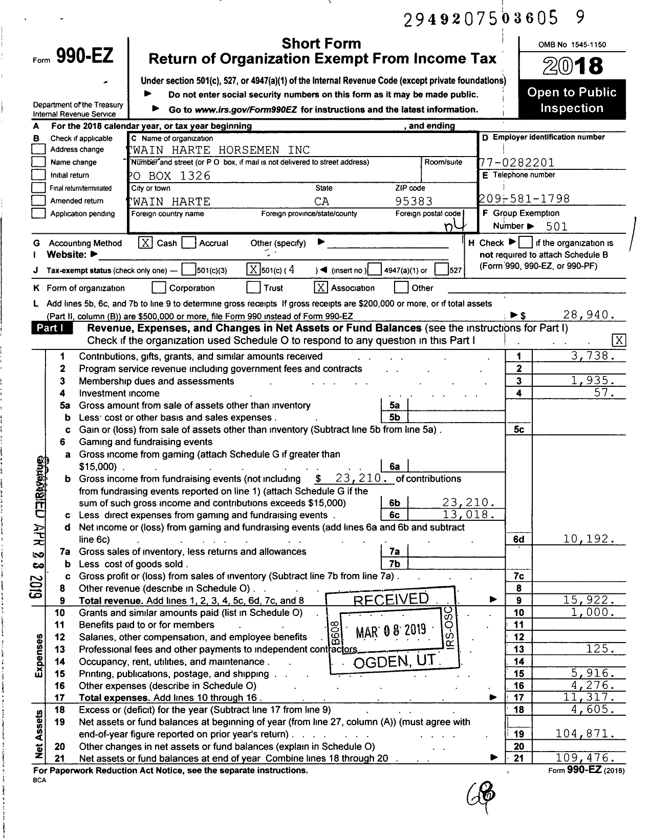 Image of first page of 2018 Form 990EO for Twain Harte Horsemen