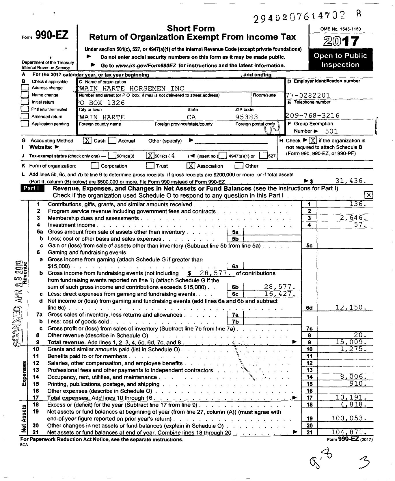 Image of first page of 2017 Form 990EO for Twain Harte Horsemen