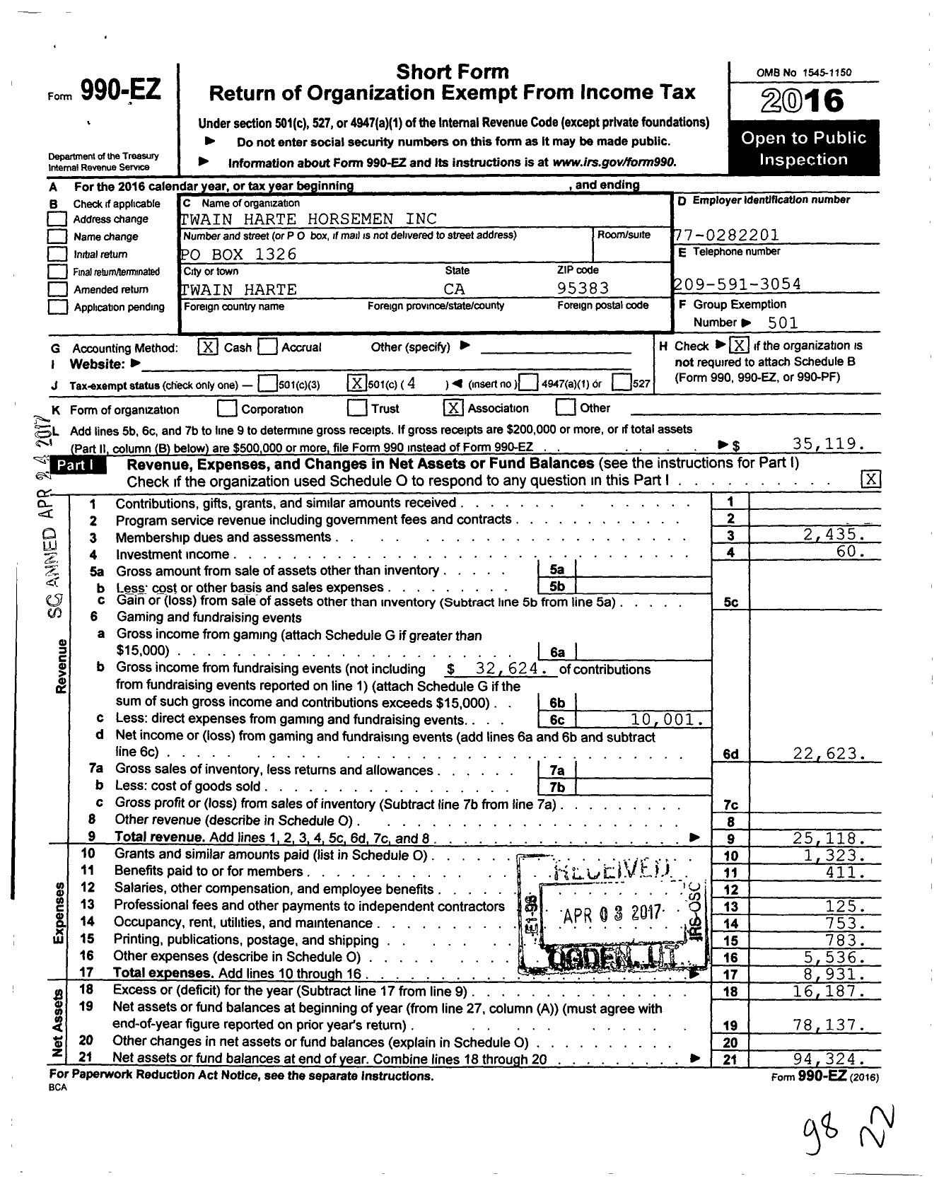 Image of first page of 2016 Form 990EO for Twain Harte Horsemen