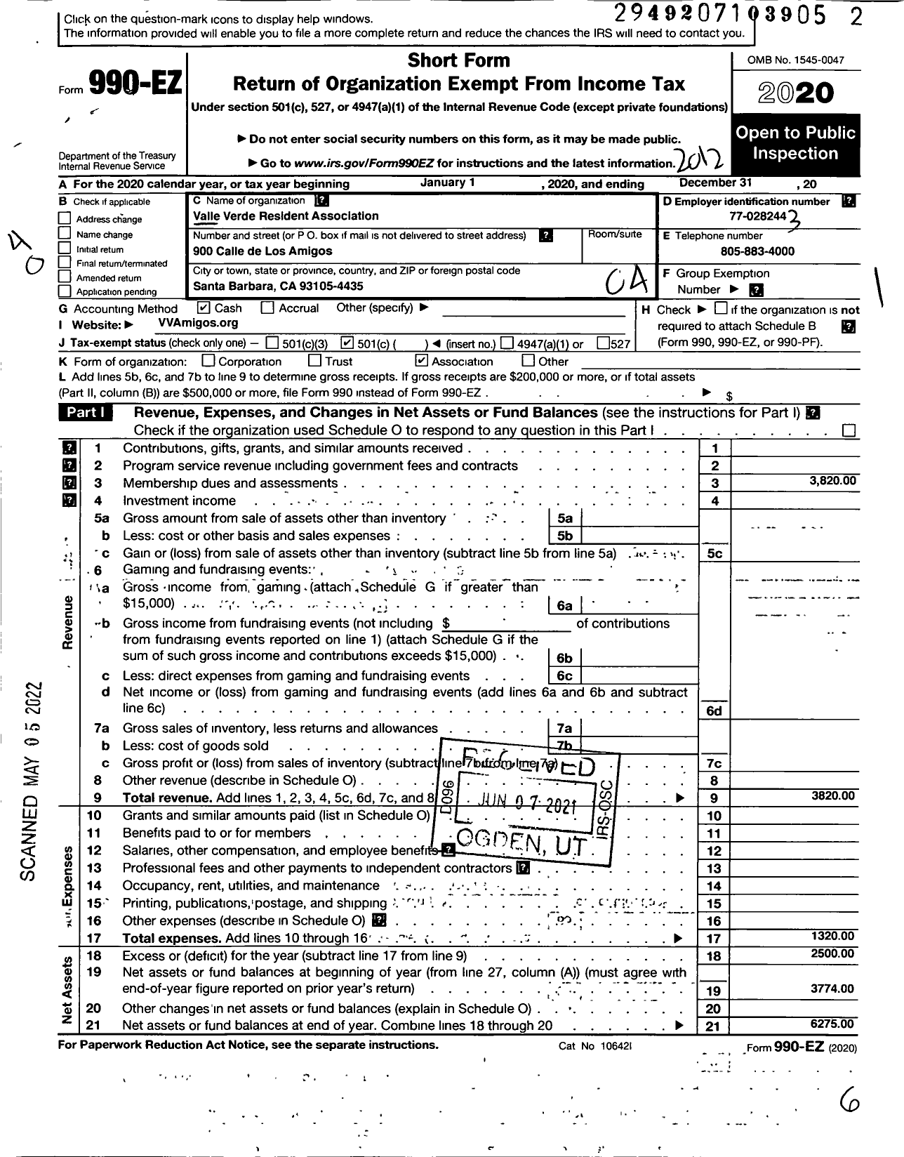 Image of first page of 2020 Form 990EO for Valle Verde Residents Association