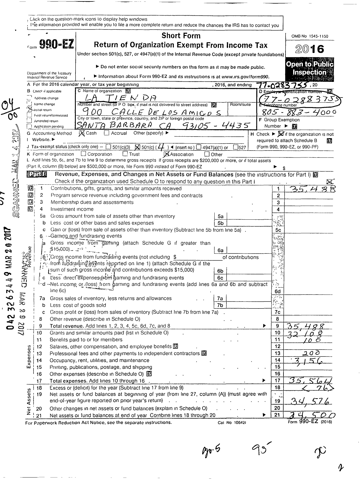 Image of first page of 2016 Form 990EO for La Tienda