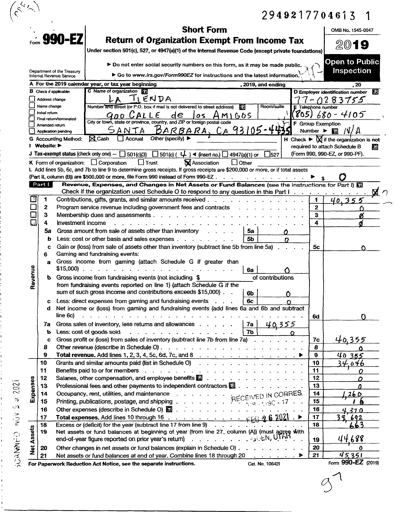 Image of first page of 2019 Form 990EO for La Tienda