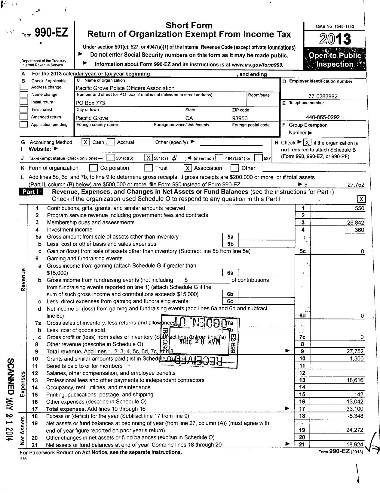 Image of first page of 2013 Form 990EO for Pacific Grove Police Officers Association