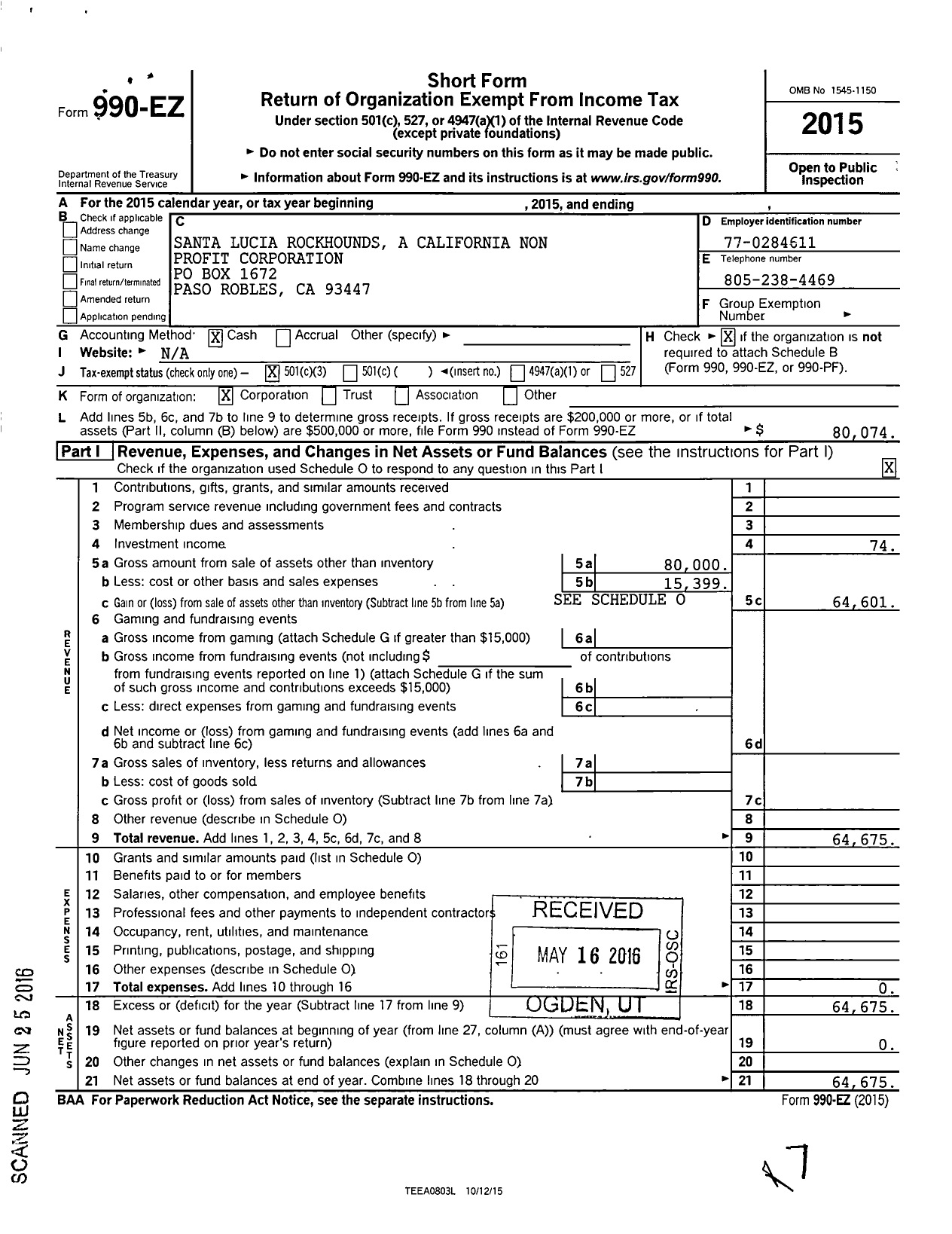 Image of first page of 2015 Form 990EZ for Santa Lucia Rockhounds