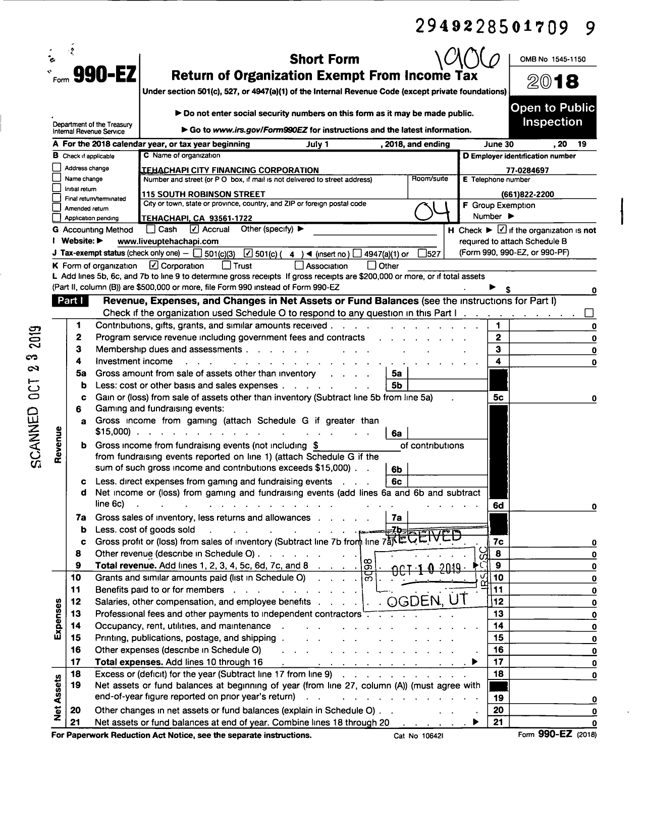 Image of first page of 2018 Form 990EO for Tehachapi City Financing Corporation