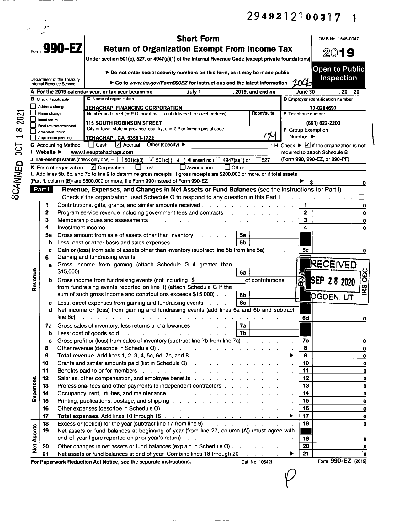 Image of first page of 2019 Form 990EO for Tehachapi City Financing Corporation