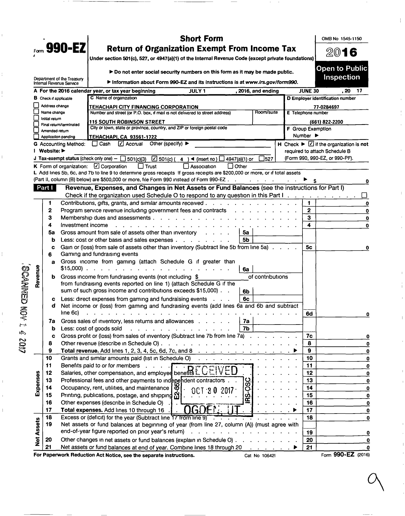 Image of first page of 2016 Form 990EO for Tehachapi City Financing Corporation