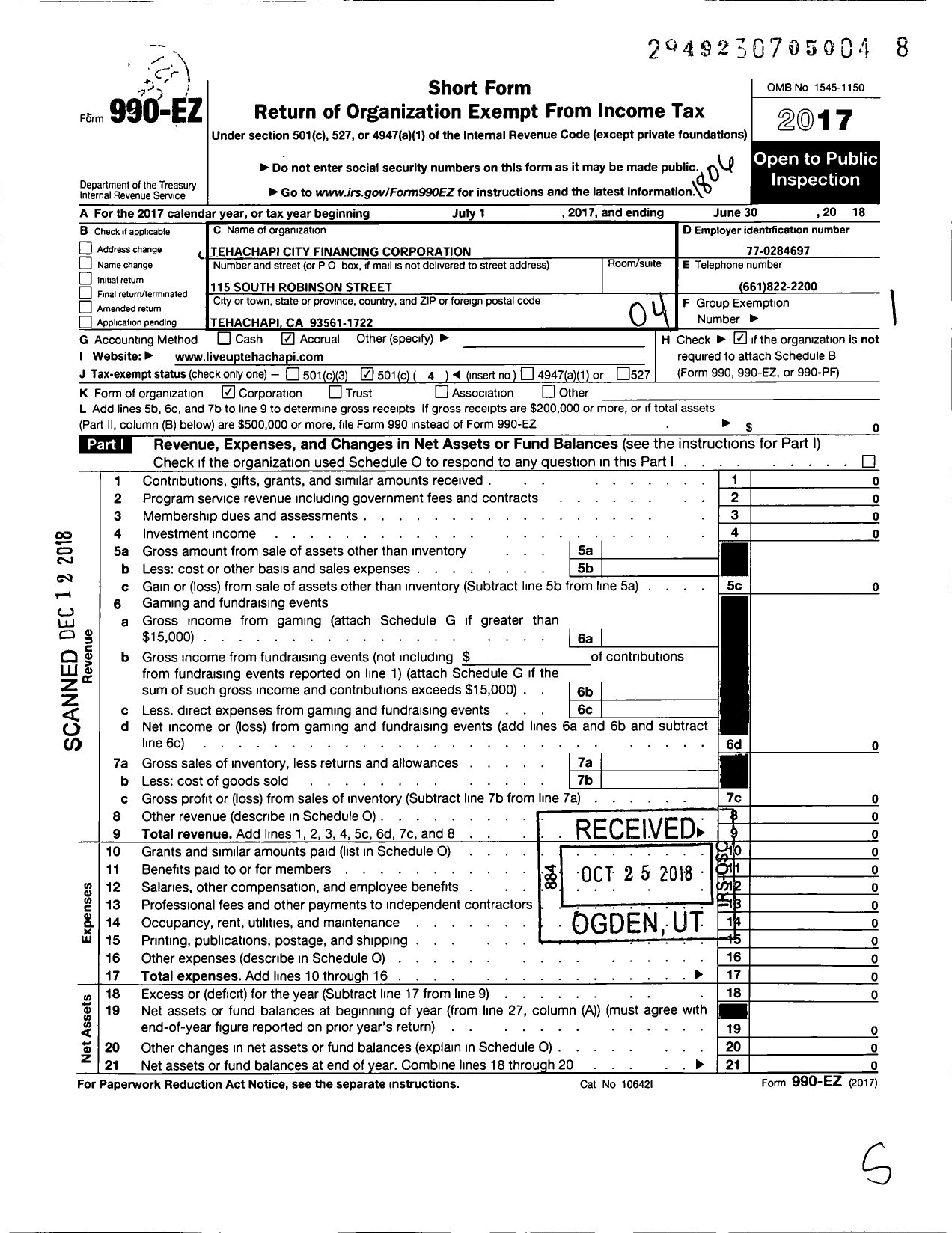 Image of first page of 2017 Form 990EO for Tehachapi City Financing Corporation