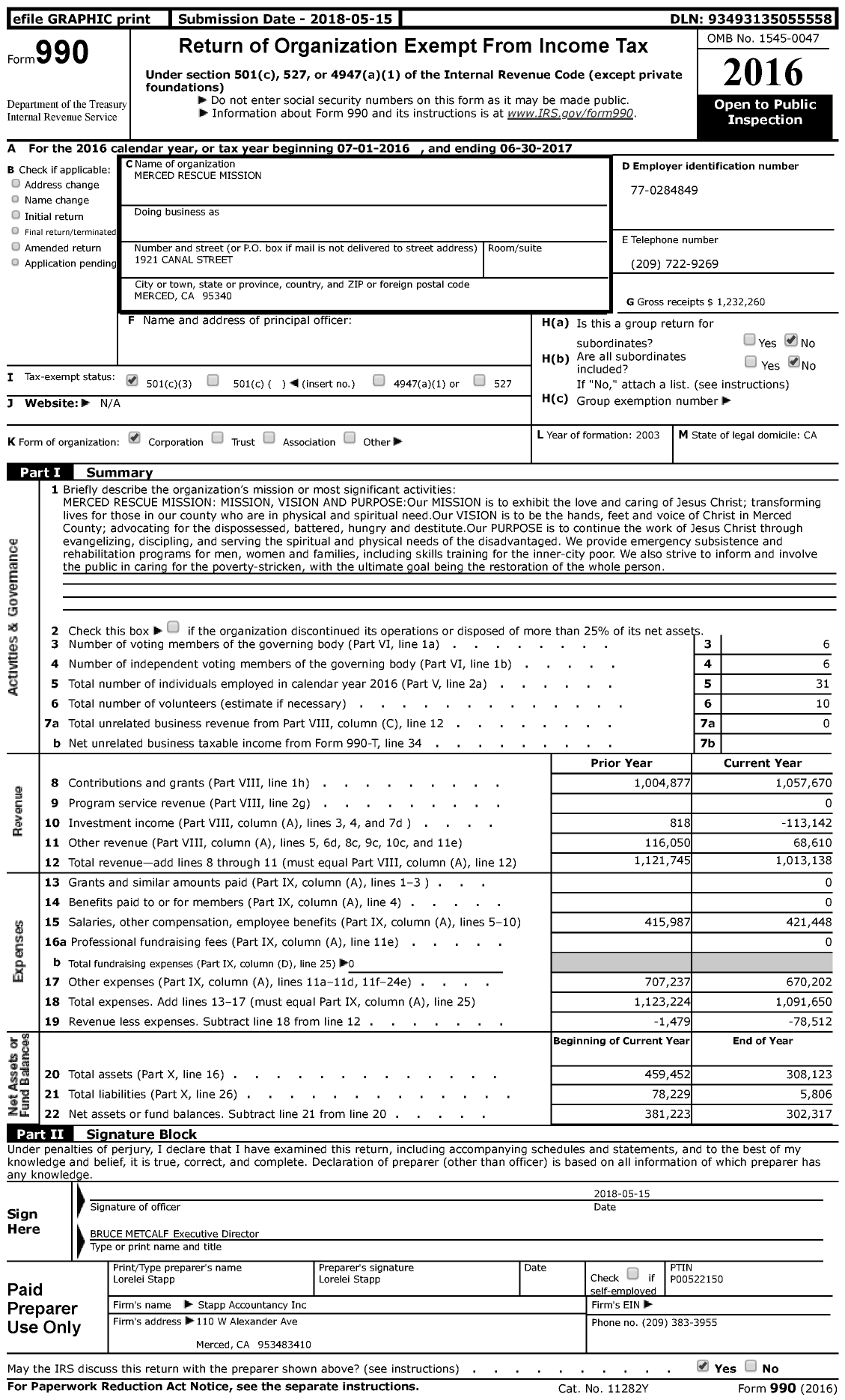 Image of first page of 2016 Form 990 for Merced Rescue Mission (MCRM)
