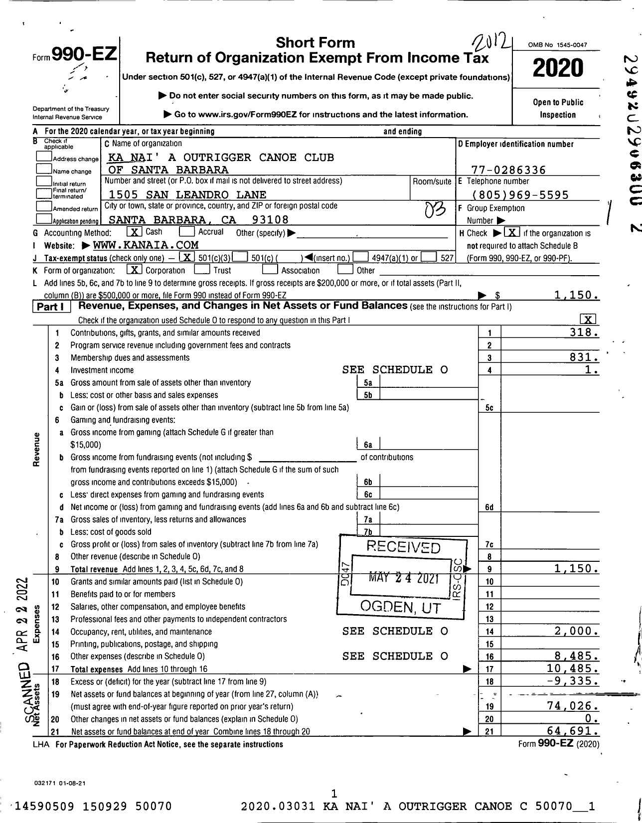 Image of first page of 2020 Form 990EZ for Ka Nai' A Outrigger Canoe Club of Santa Barbara