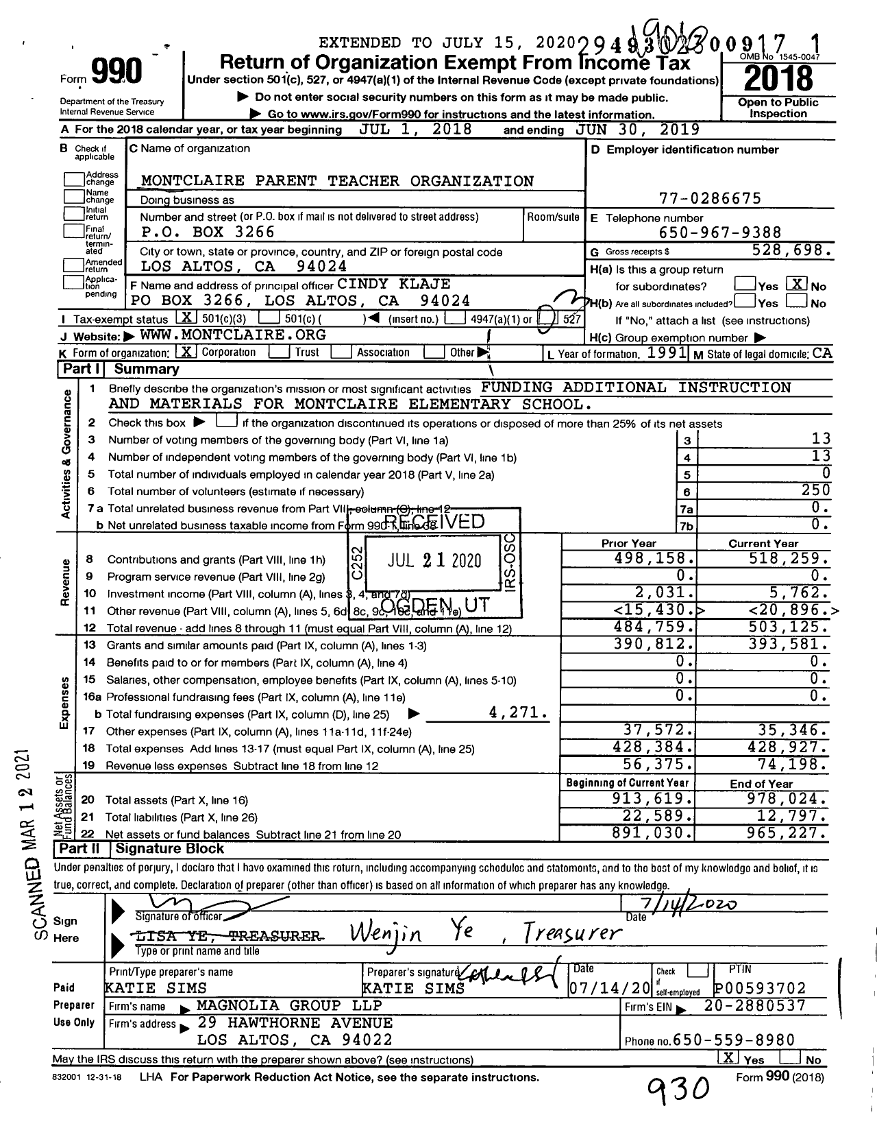 Image of first page of 2018 Form 990 for Montclaire Parent Teacher Organization