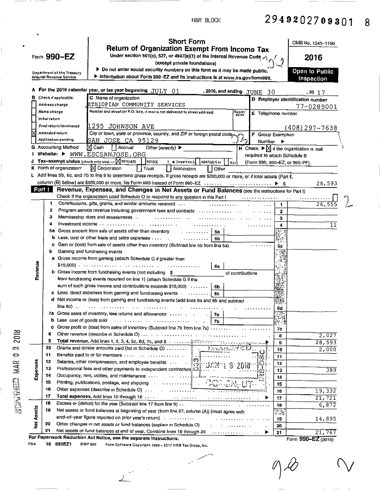 Image of first page of 2016 Form 990EZ for Ethiopian Community Services