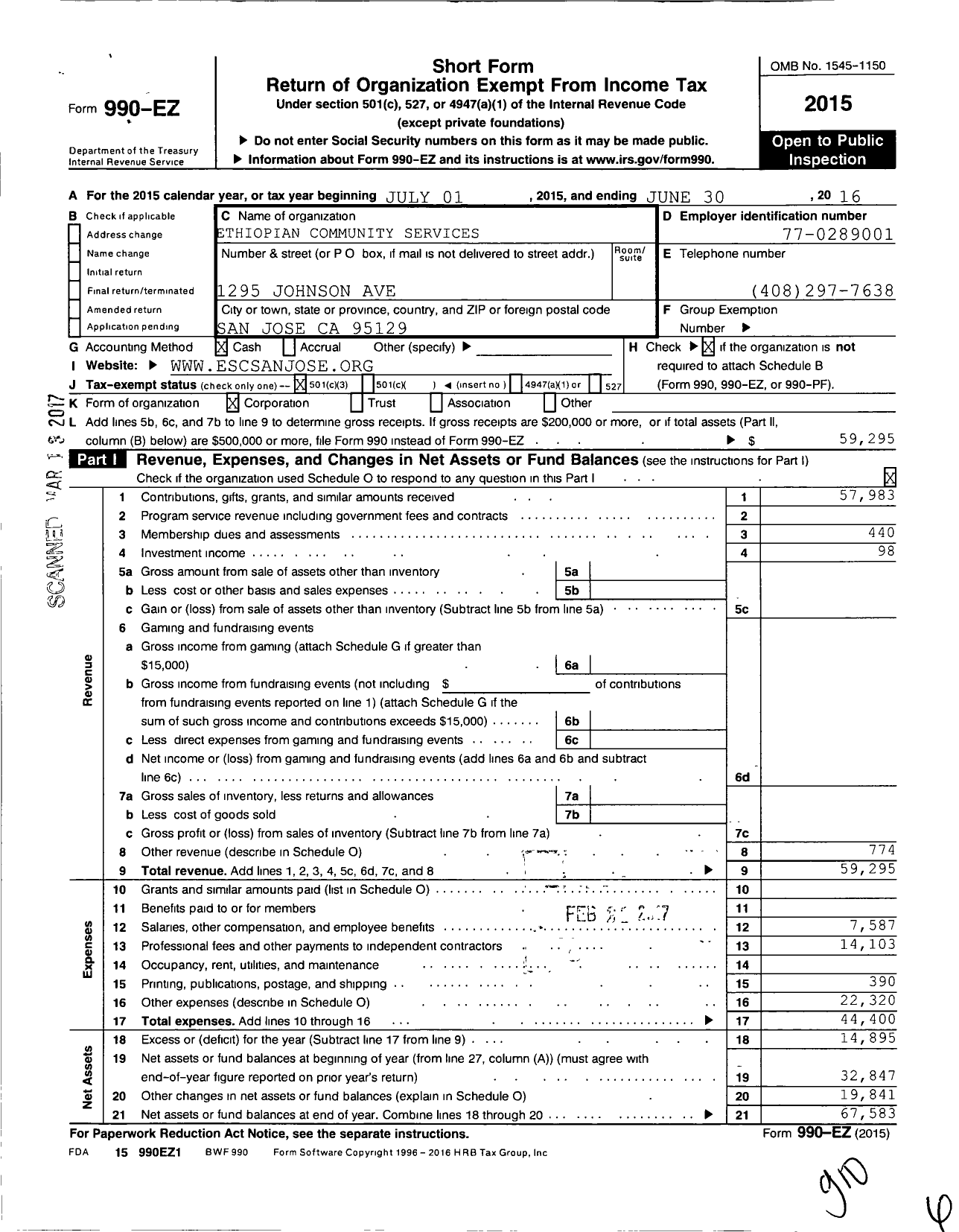 Image of first page of 2015 Form 990EZ for Ethiopian Community Services