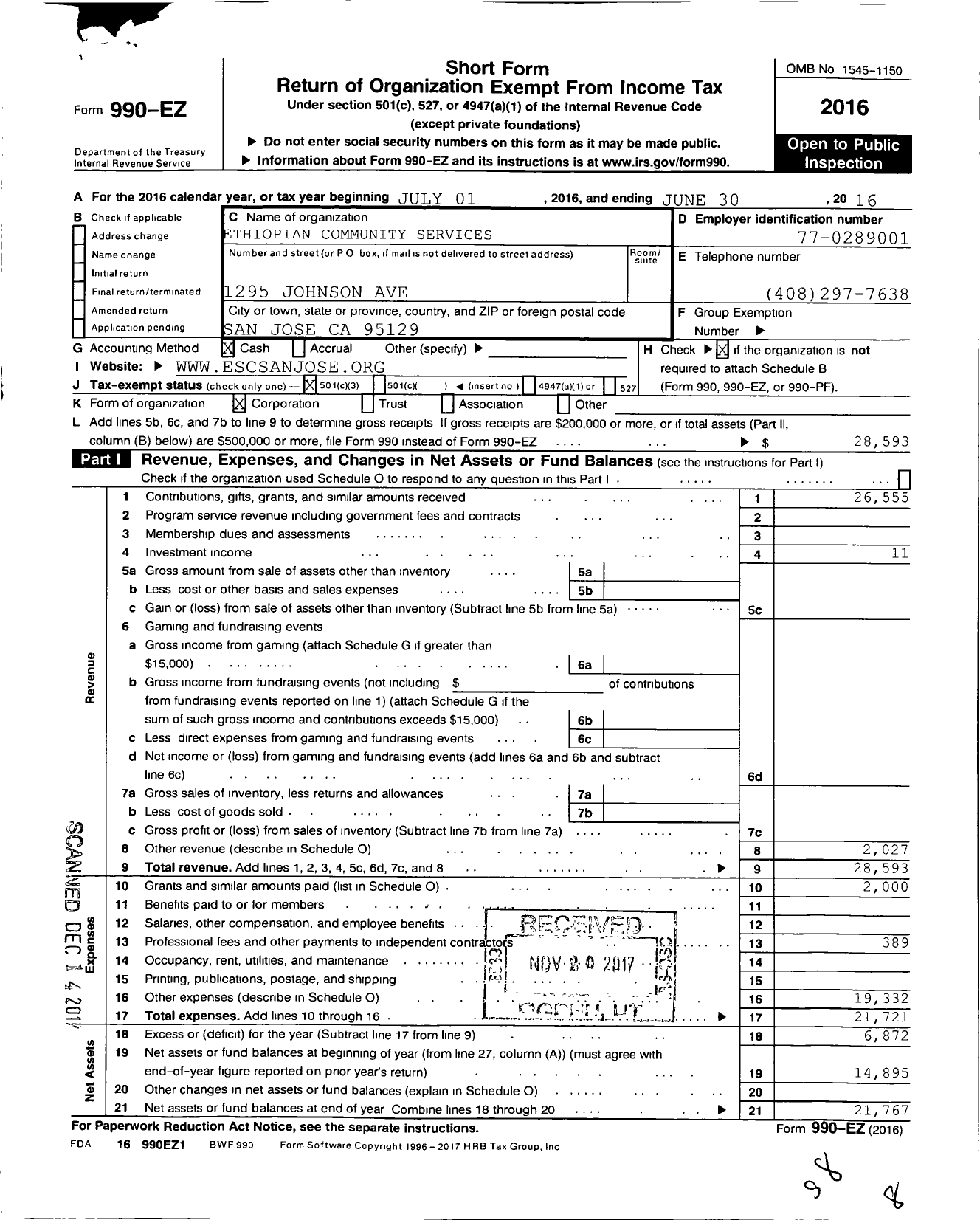 Image of first page of 2015 Form 990EZ for Ethiopian Community Services