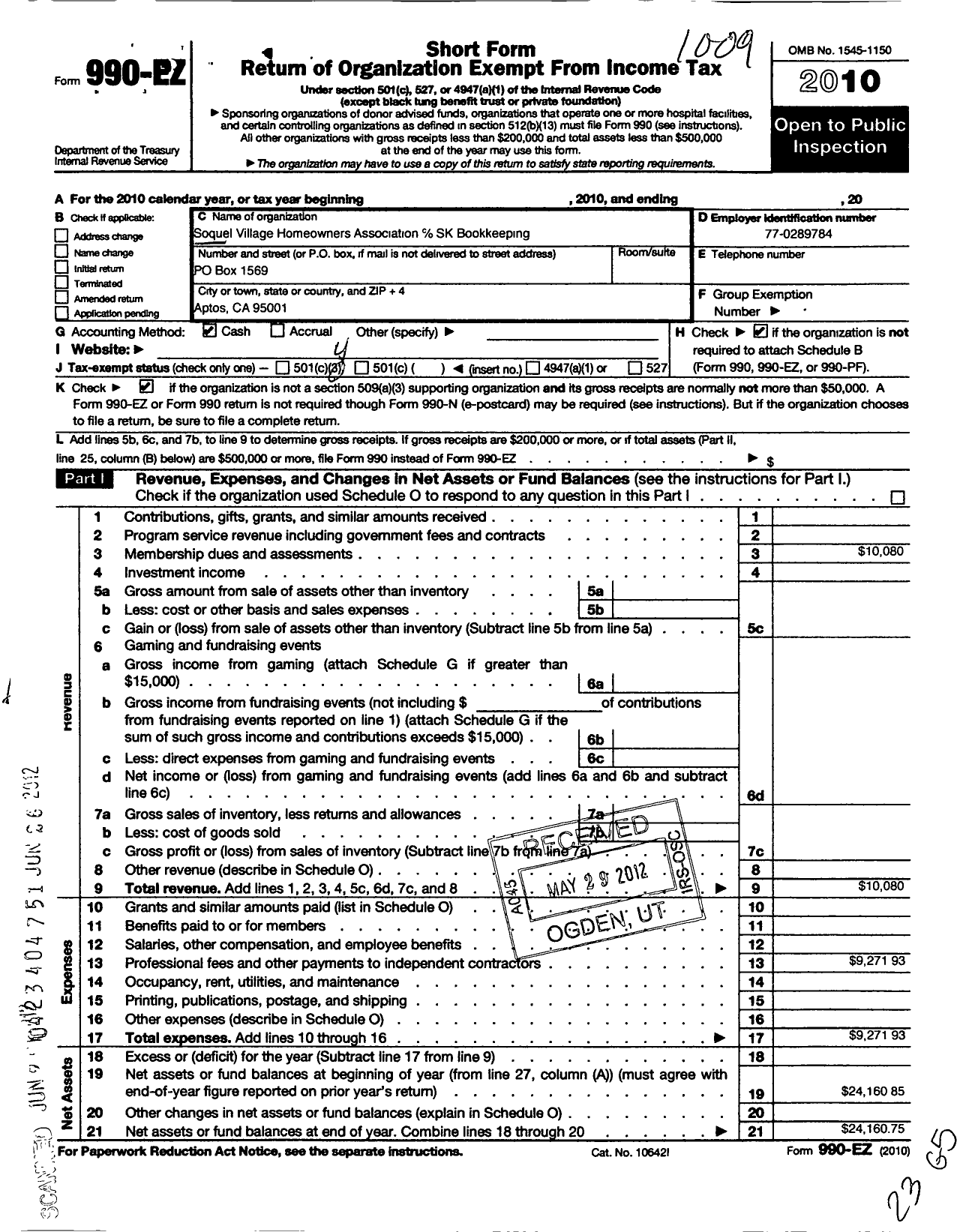 Image of first page of 2010 Form 990EO for Soquel Village Estates Homeowners Association