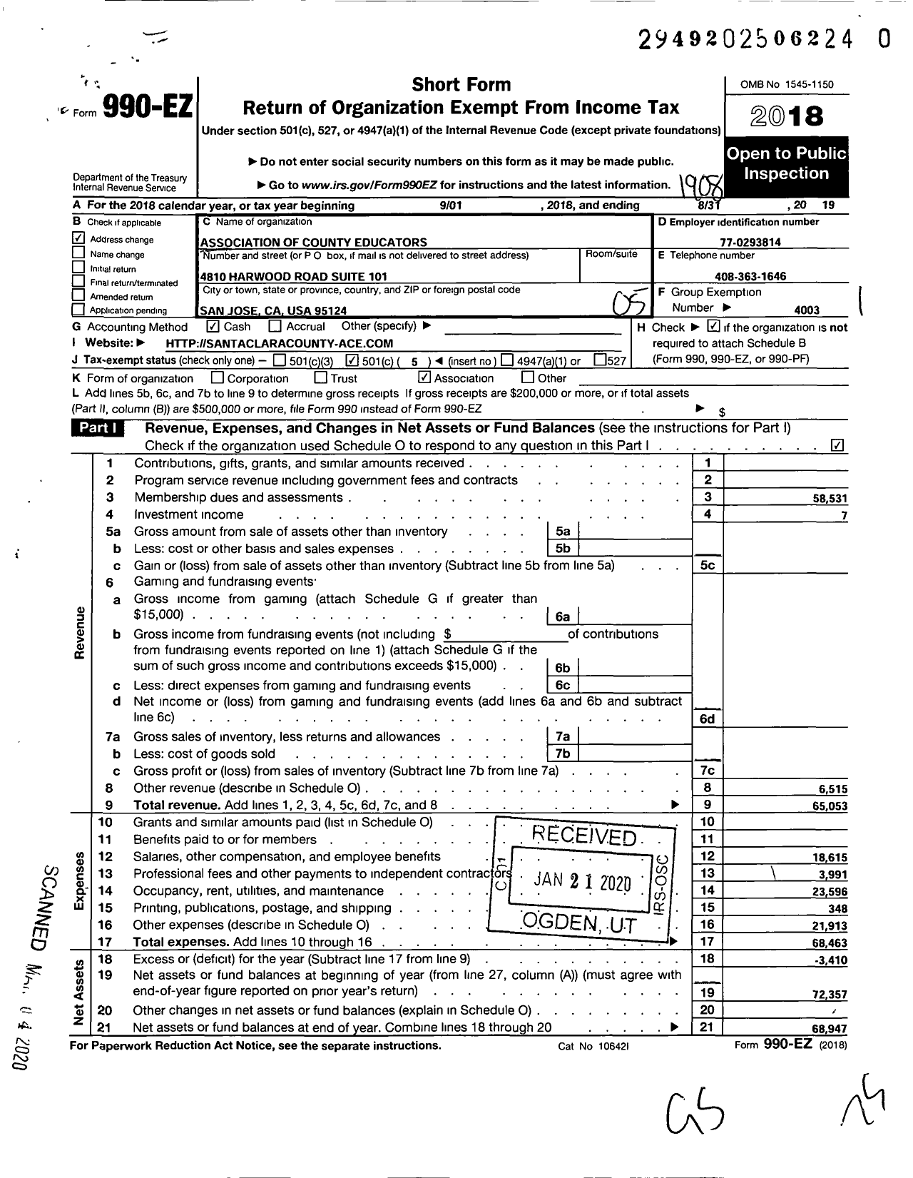 Image of first page of 2018 Form 990EO for California Teachers Association - Association of County Educators