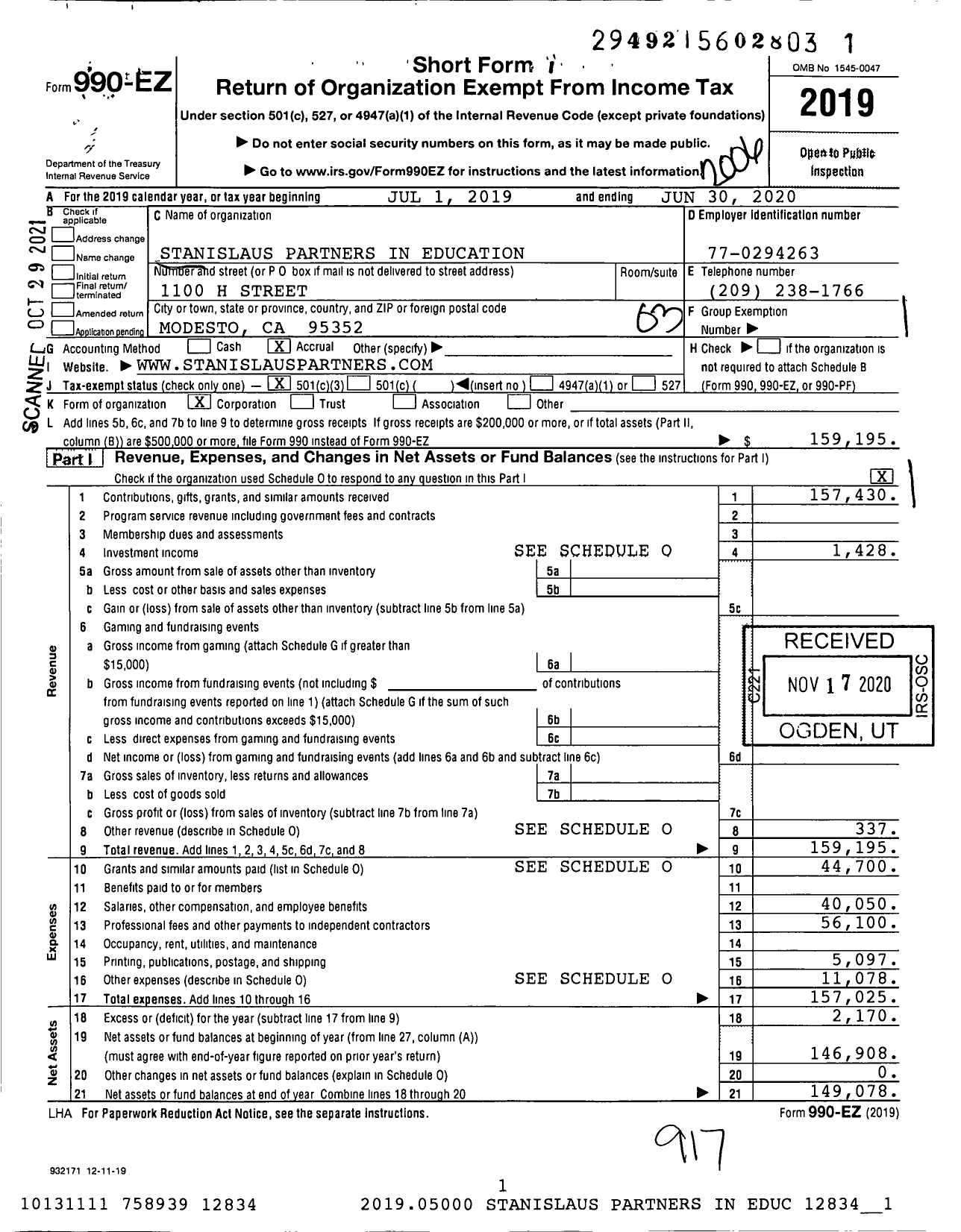 Image of first page of 2019 Form 990EZ for Stanislaus Partners in Education