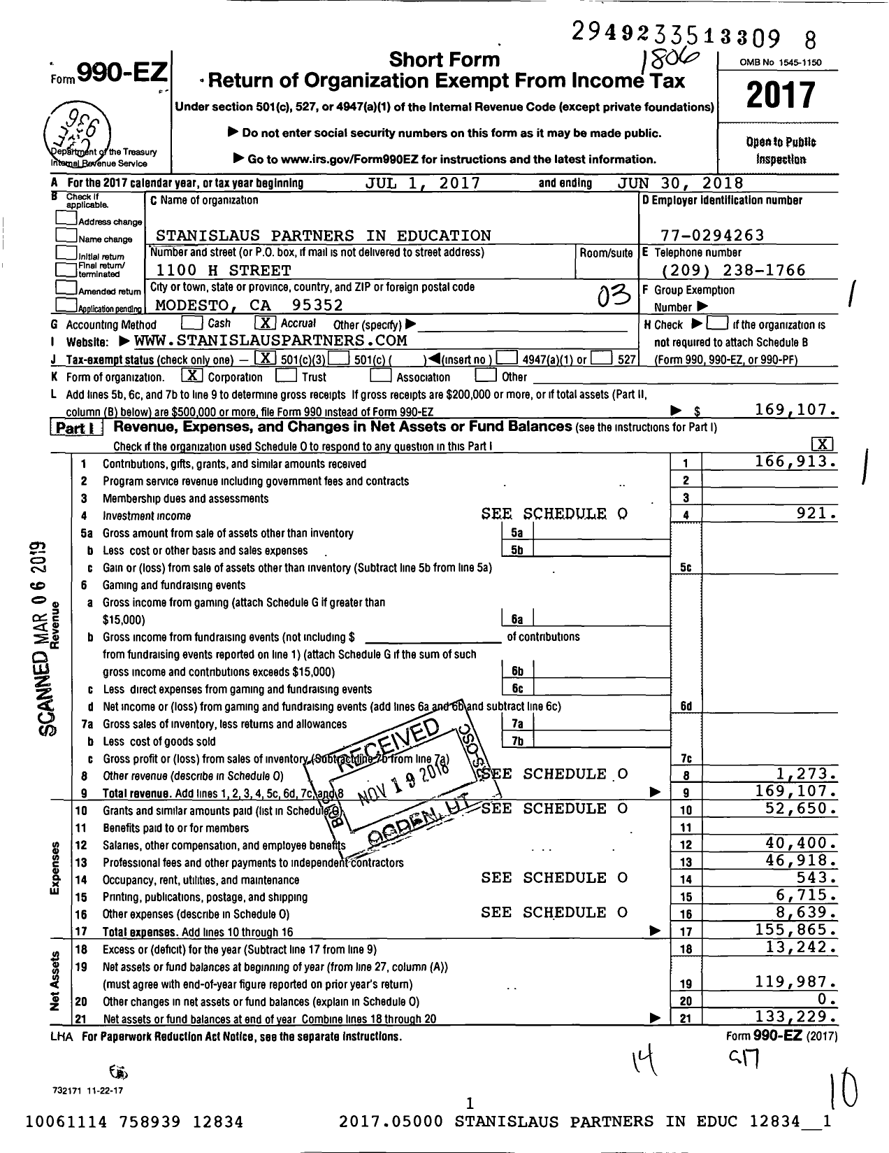 Image of first page of 2017 Form 990EZ for Stanislaus Partners in Education