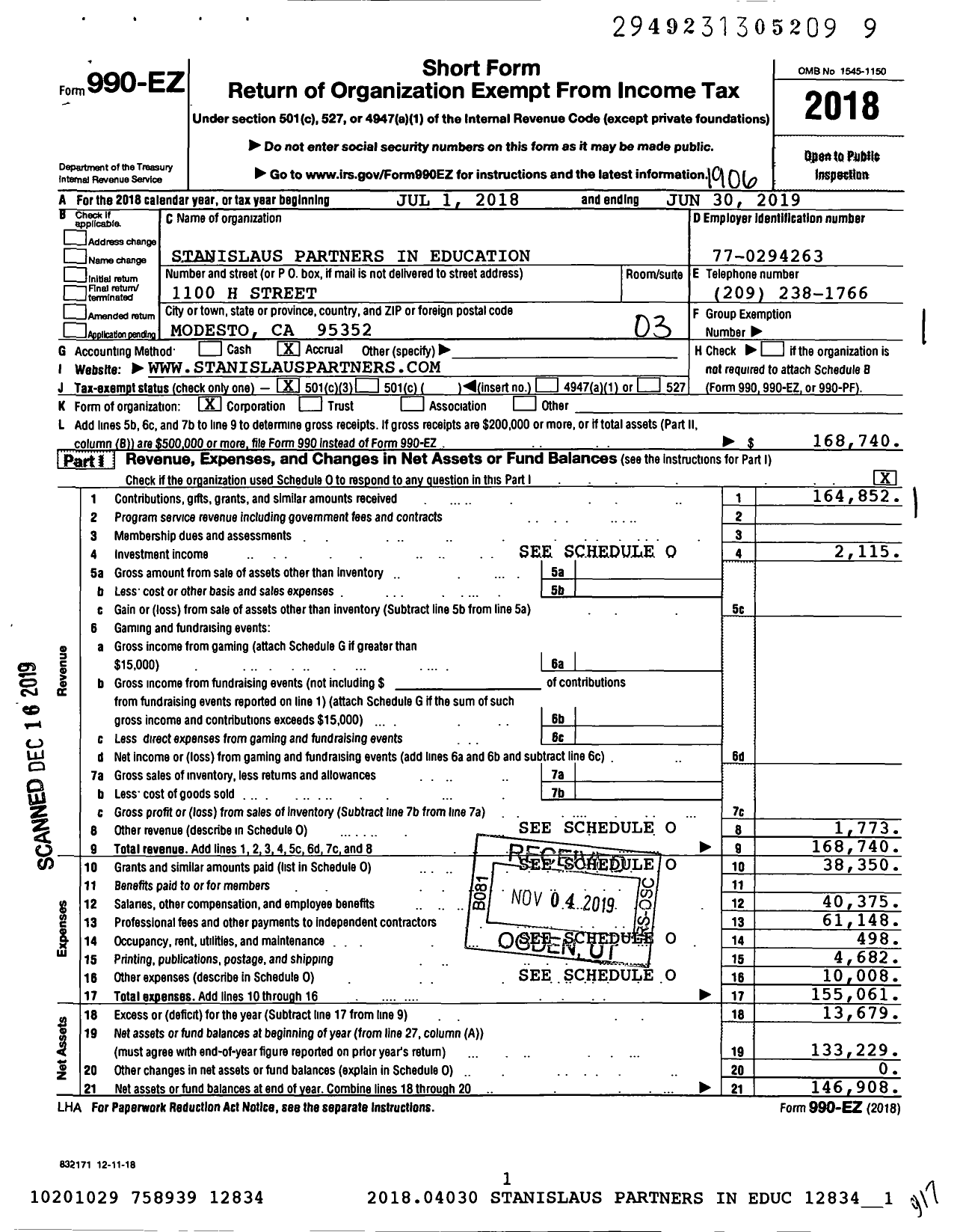 Image of first page of 2018 Form 990EZ for Stanislaus Partners in Education