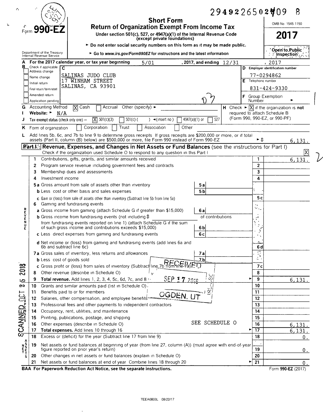 Image of first page of 2017 Form 990EZ for Salinas Judo Club