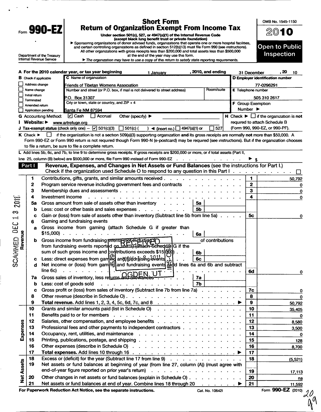 Image of first page of 2010 Form 990EZ for Friends of Tibetan Women's