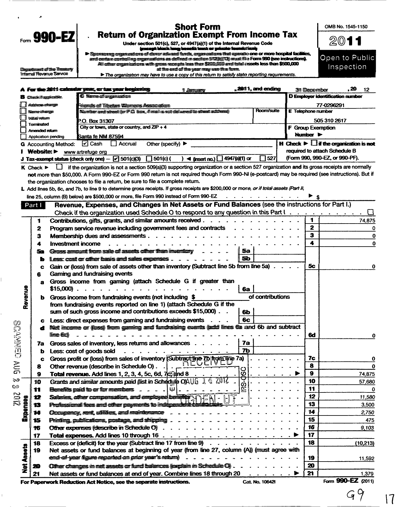 Image of first page of 2012 Form 990EZ for Friends of Tibetan Women's