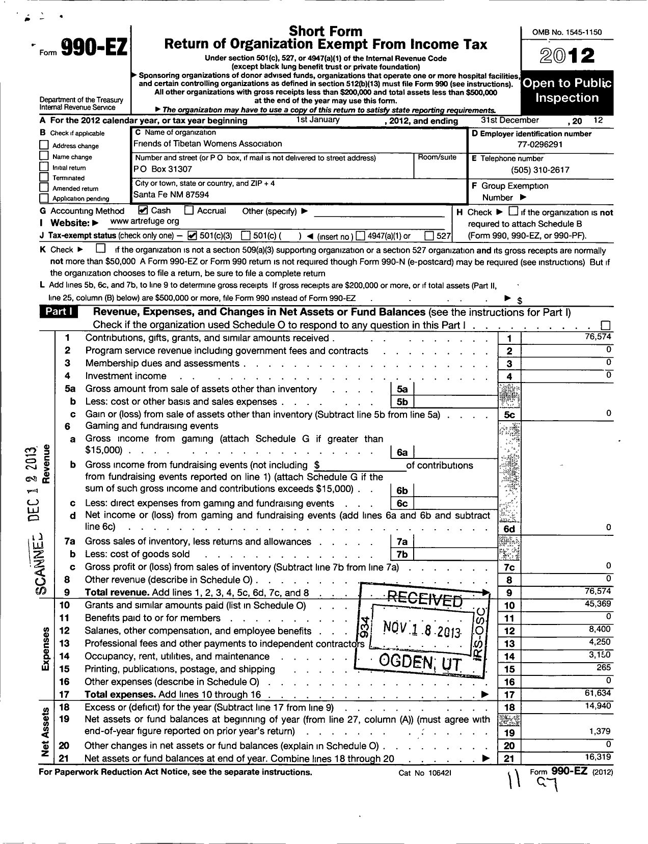 Image of first page of 2012 Form 990EZ for Friends of Tibetan Women's