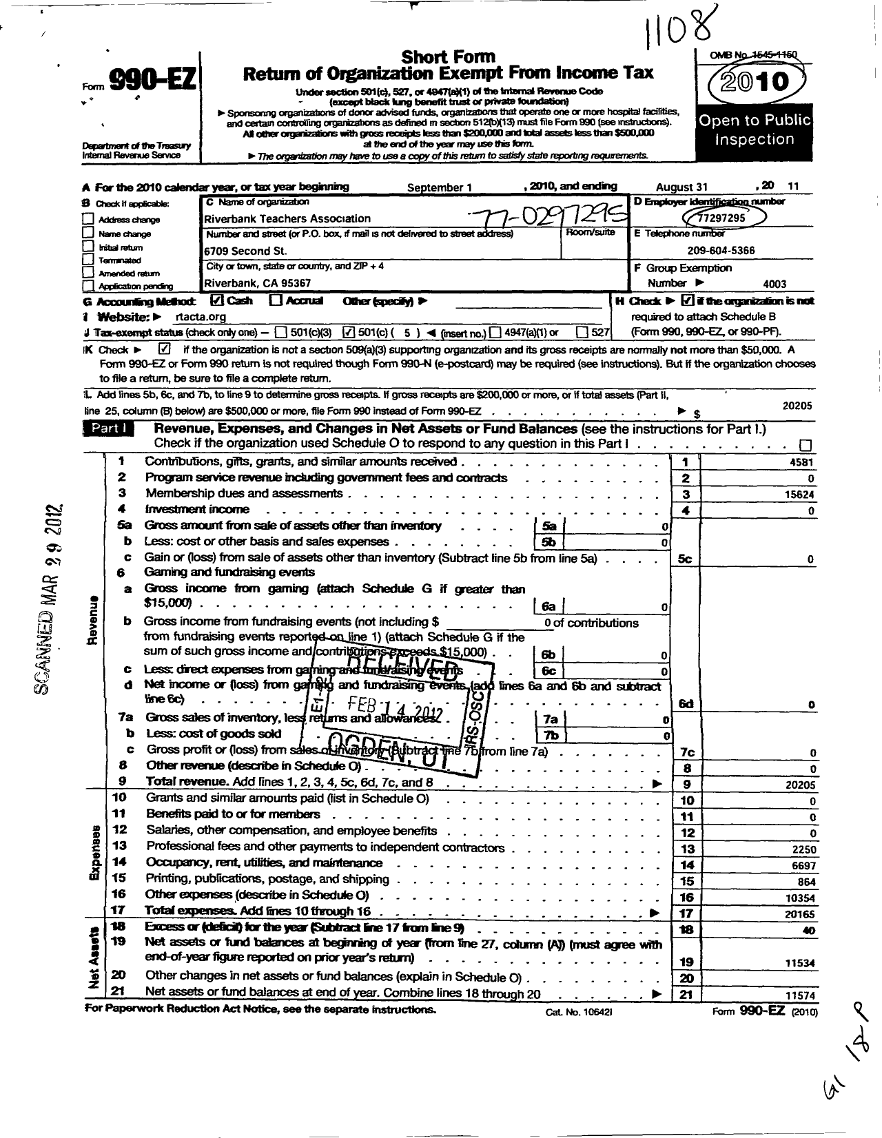 Image of first page of 2010 Form 990EO for Riverbank Teachers Association