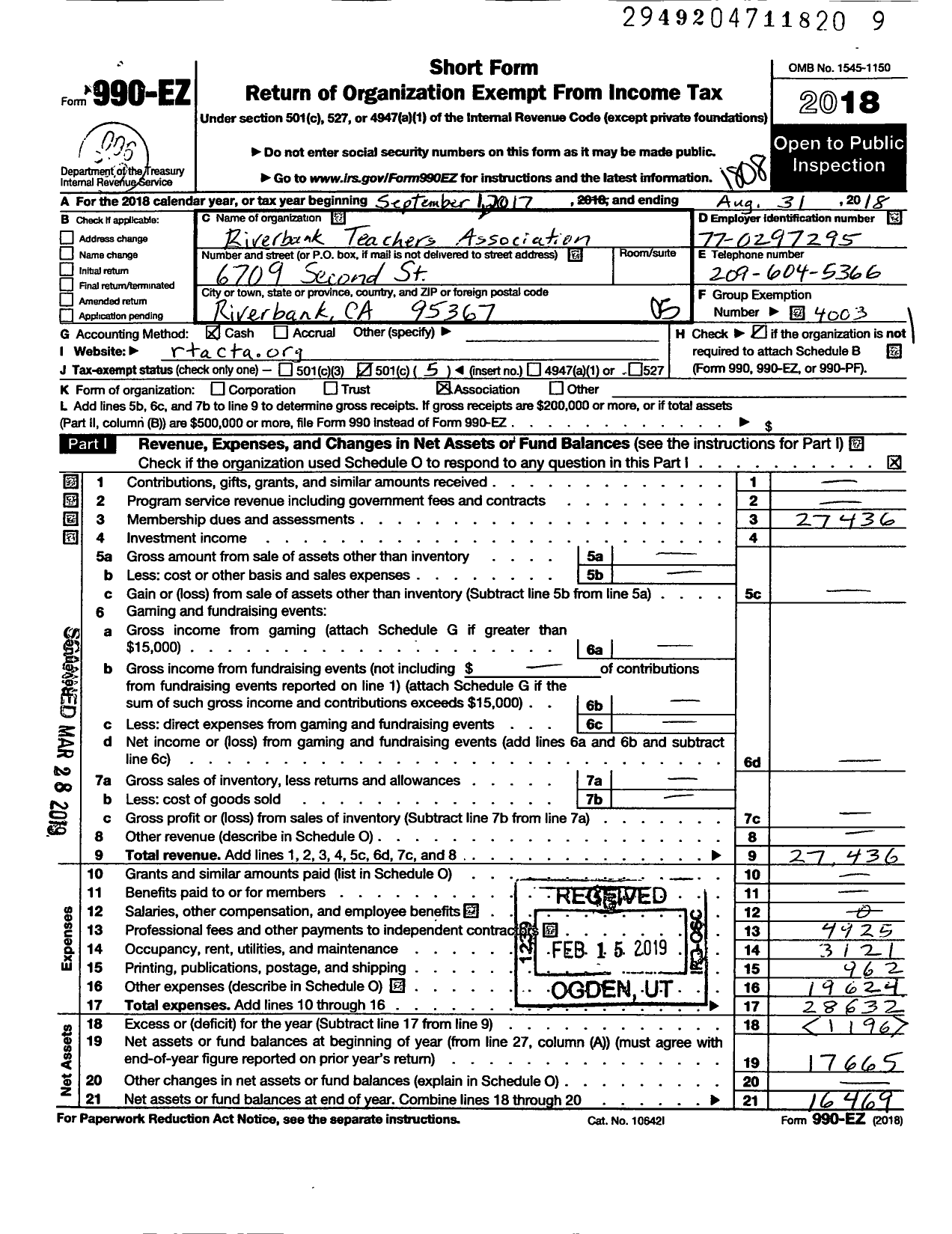 Image of first page of 2017 Form 990EO for Riverbank Teachers Association