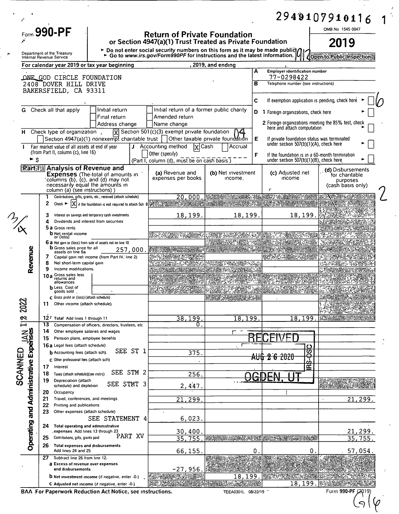 Image of first page of 2019 Form 990PF for One God Circle Foundation