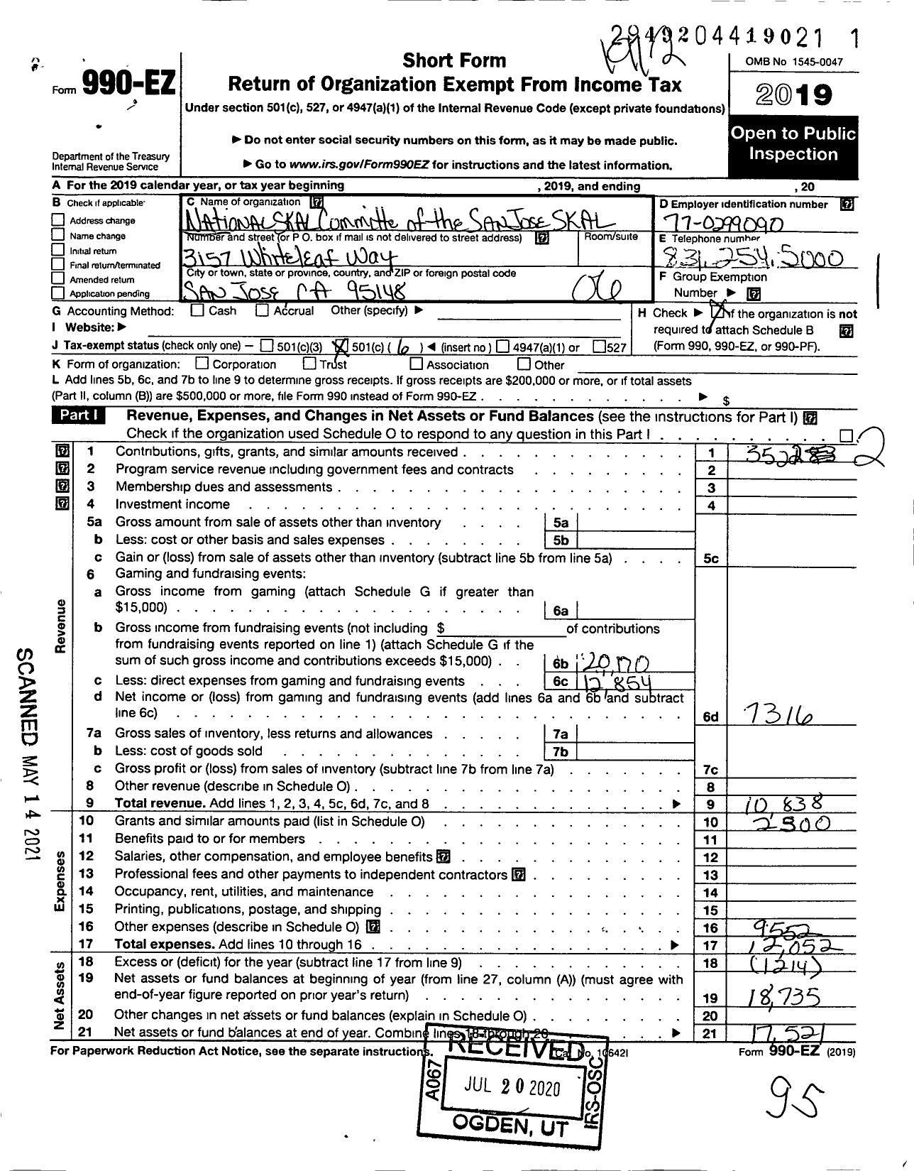 Image of first page of 2019 Form 990EO for National Skal Committee of San Jose Joseskal