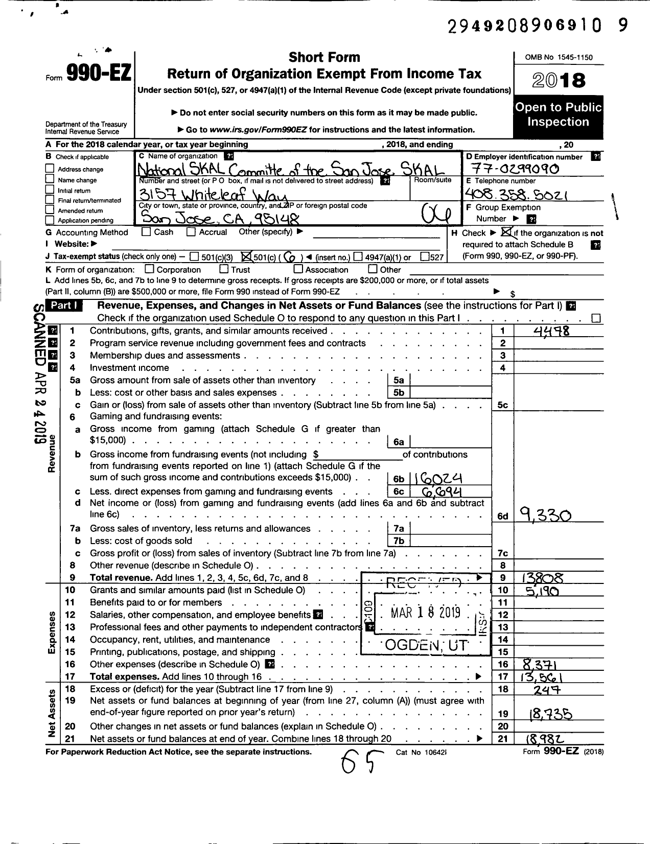 Image of first page of 2018 Form 990EO for National Skal Committee of San Jose Joseskal