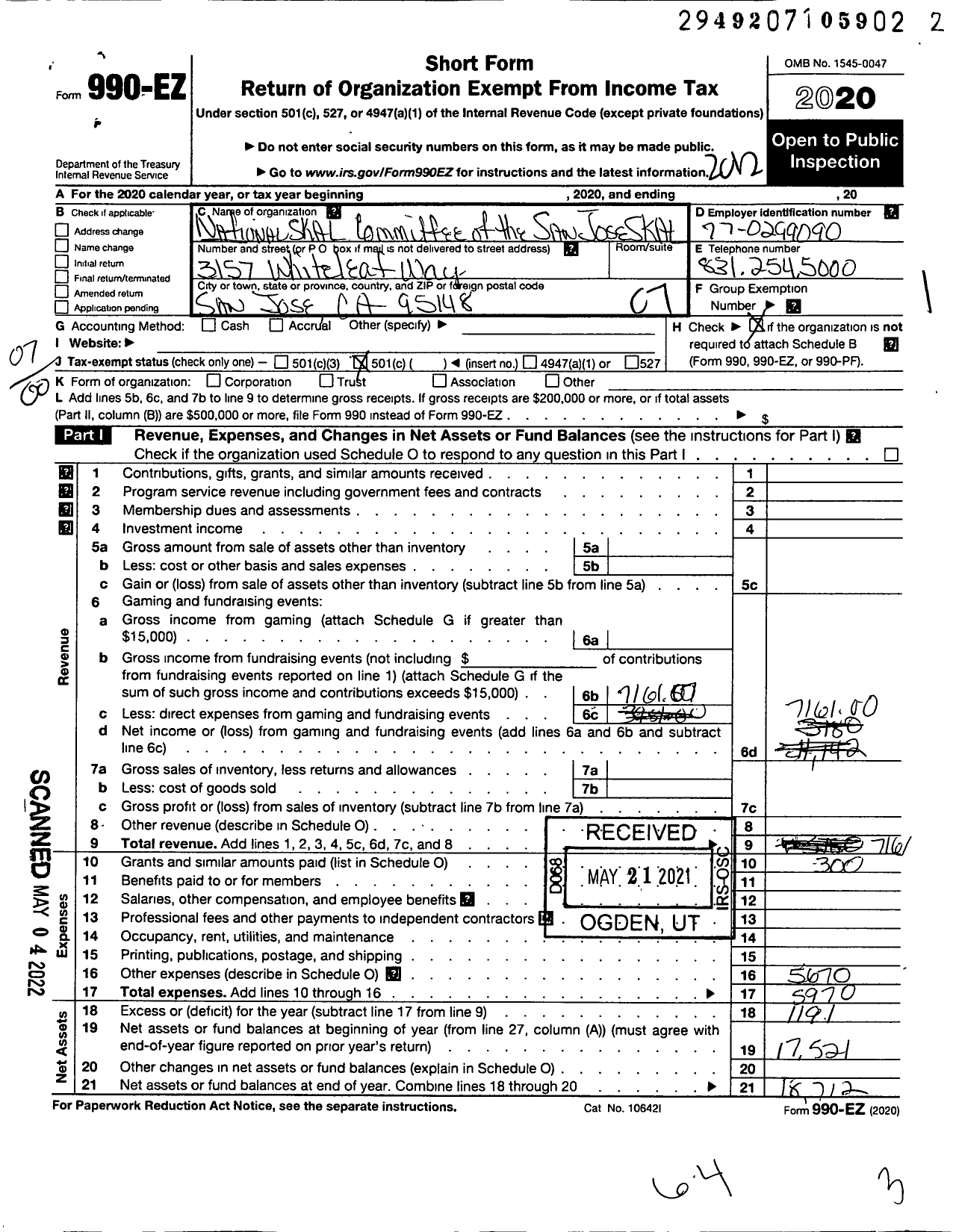 Image of first page of 2020 Form 990EO for National Skal Committee of San Jose Joseskal