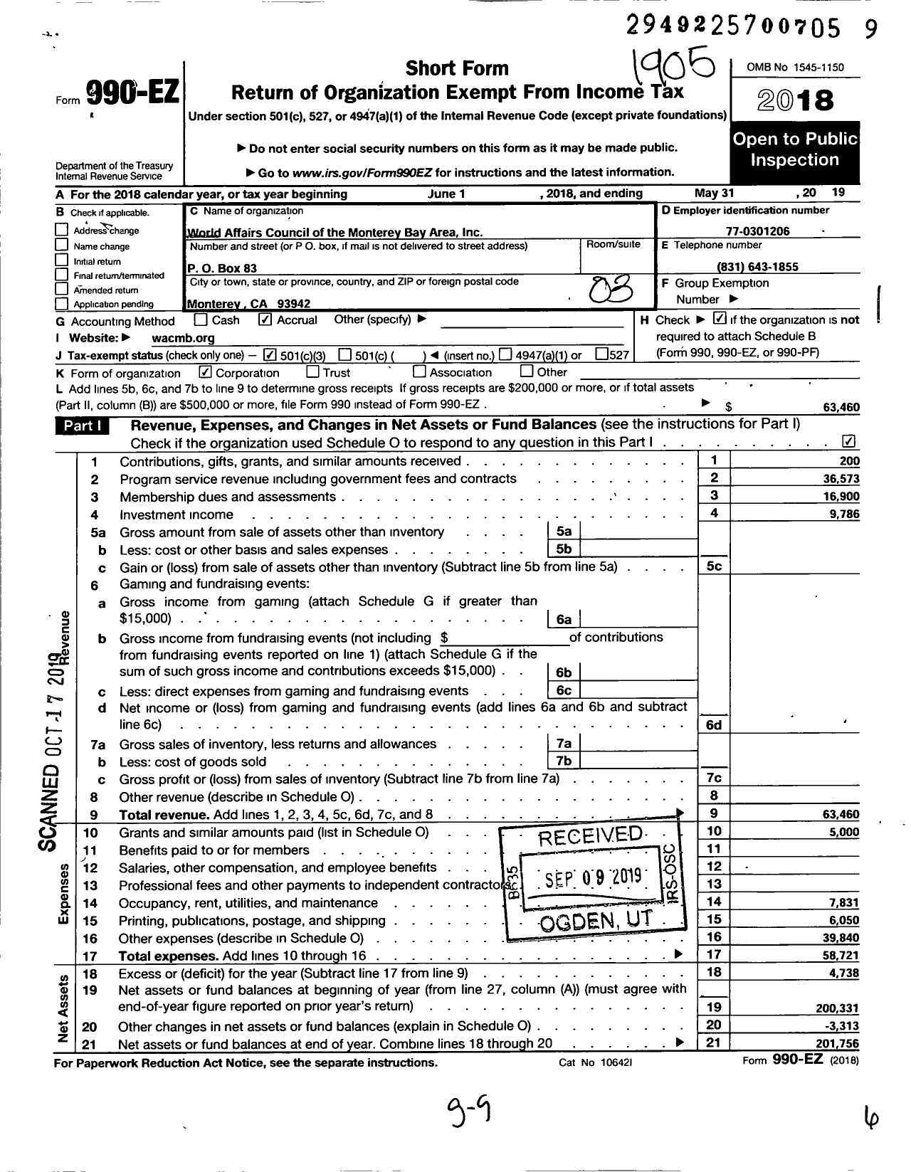 Image of first page of 2018 Form 990EZ for World Affairs Council of the Monterey Bay Area