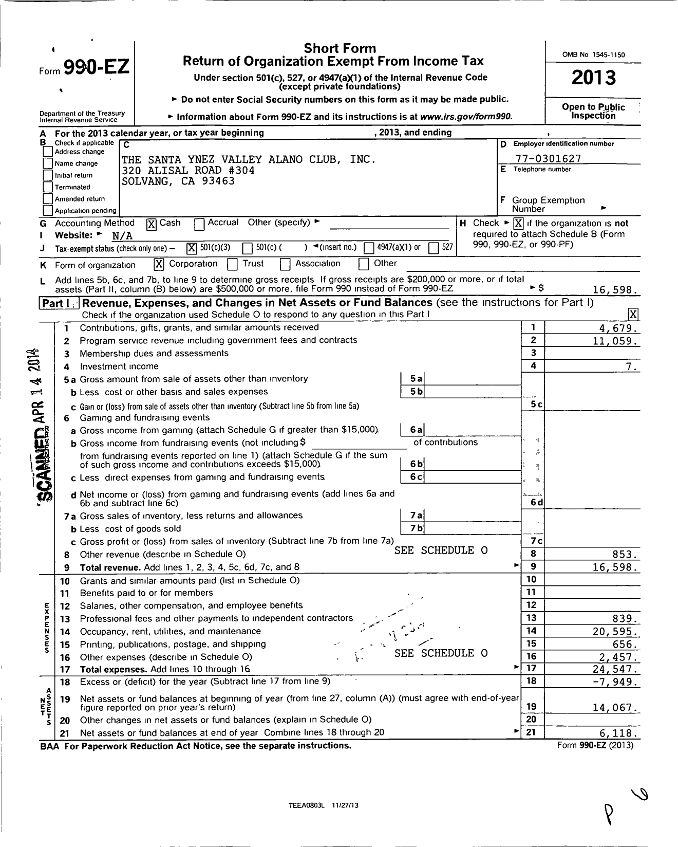 Image of first page of 2013 Form 990EZ for Santa Ynez Valley Alano Club