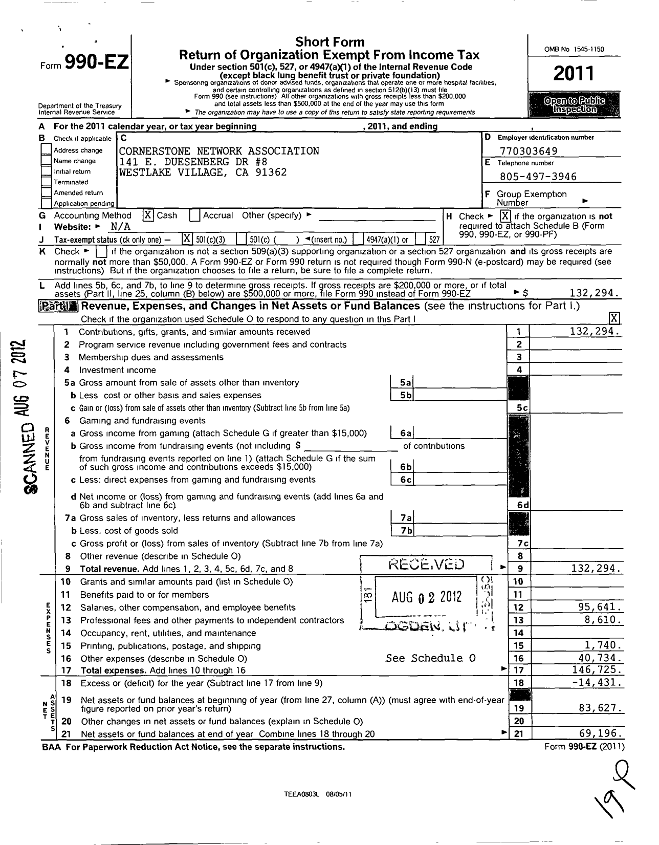 Image of first page of 2011 Form 990EZ for Cornerstone Network Association