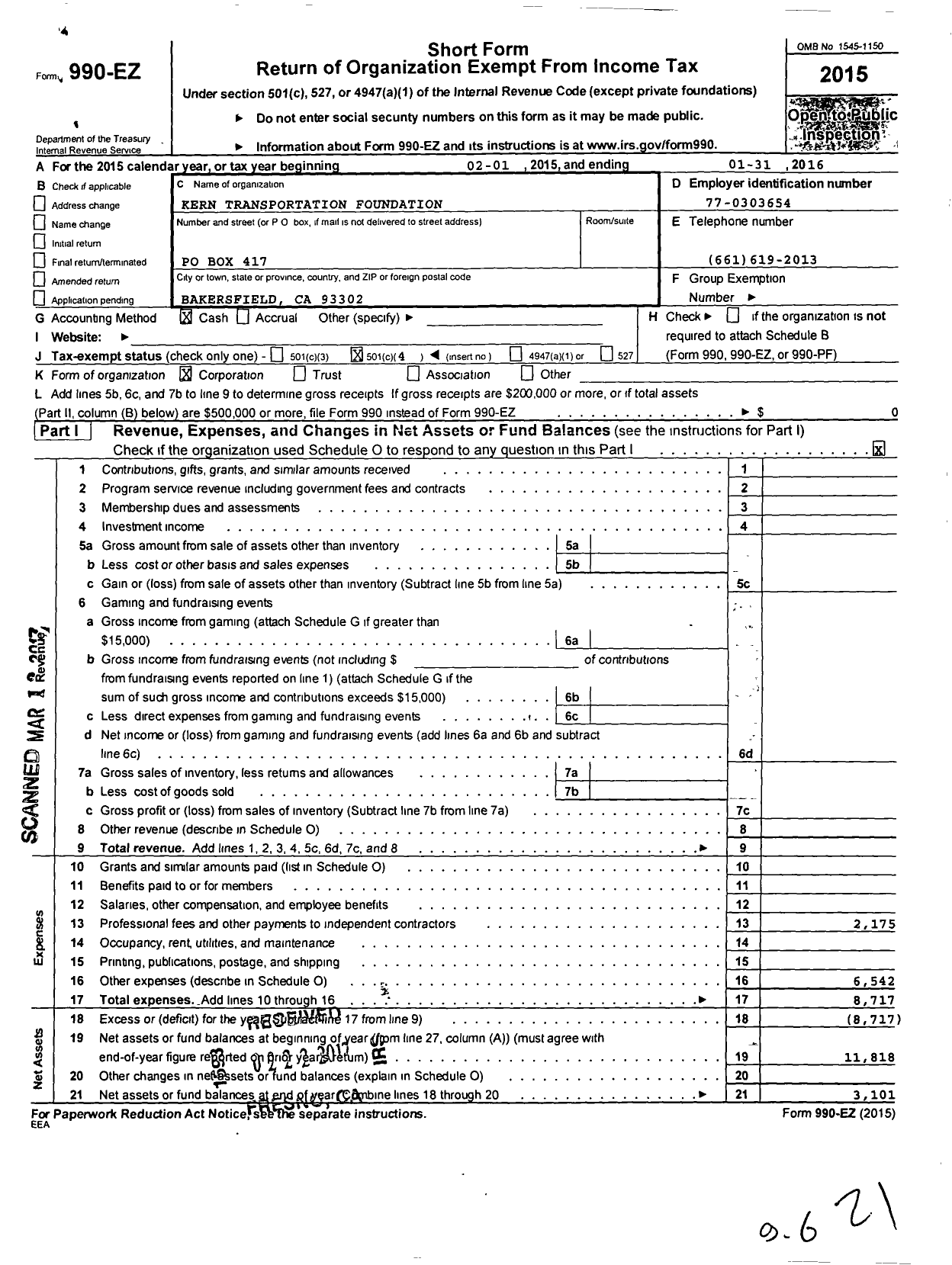 Image of first page of 2015 Form 990EO for Kern Transportation Foundation