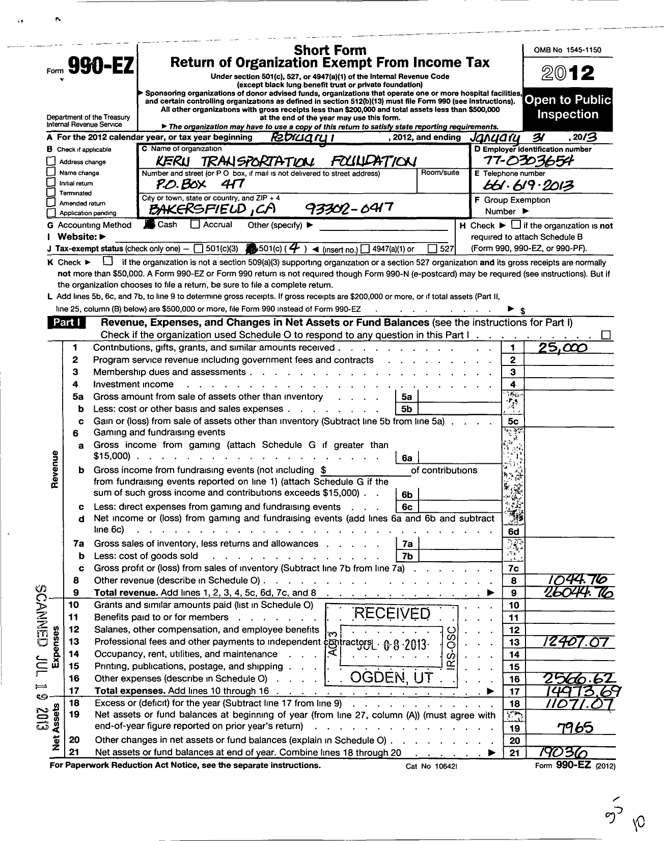 Image of first page of 2012 Form 990EO for Kern Transportation Foundation