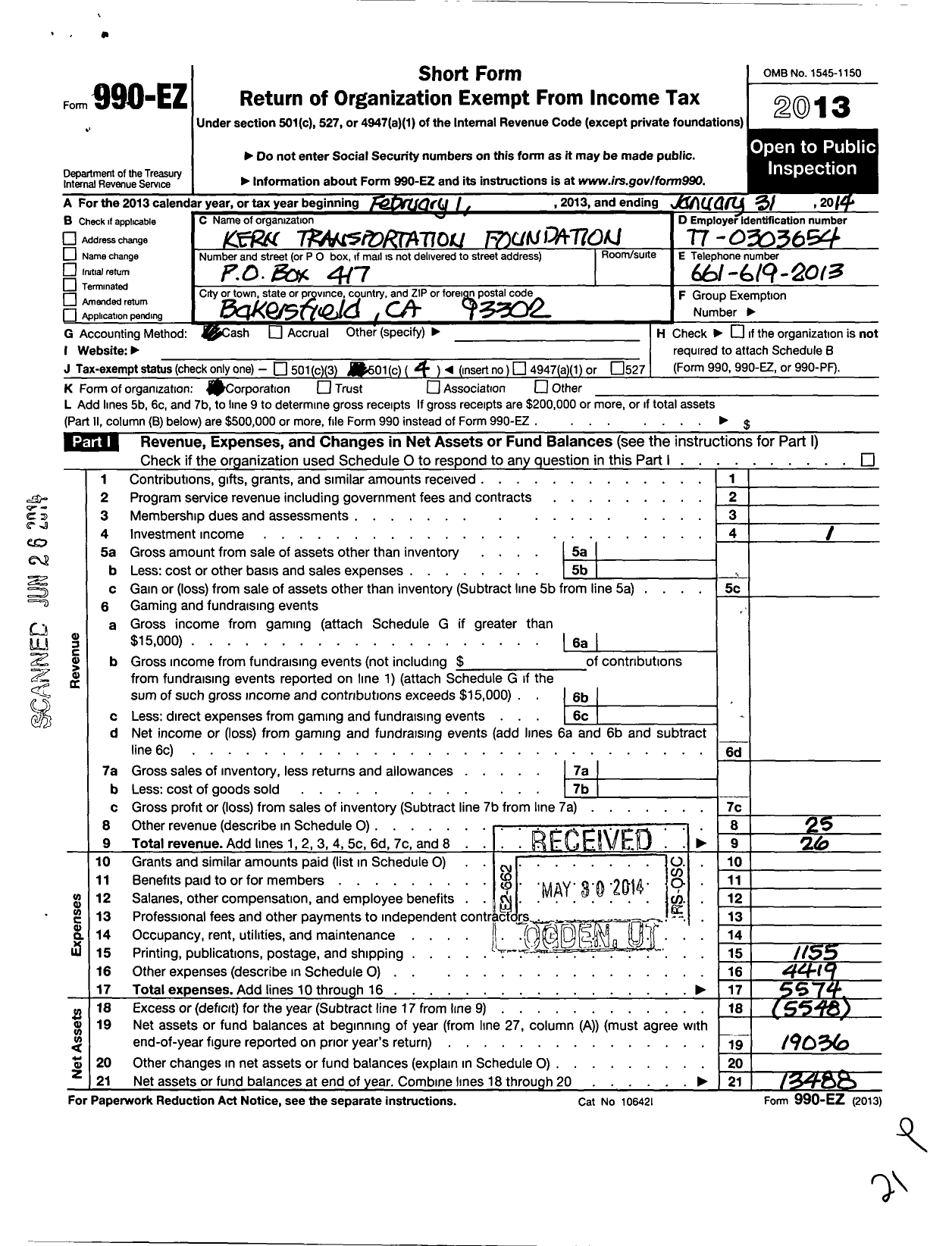 Image of first page of 2013 Form 990EO for Kern Transportation Foundation