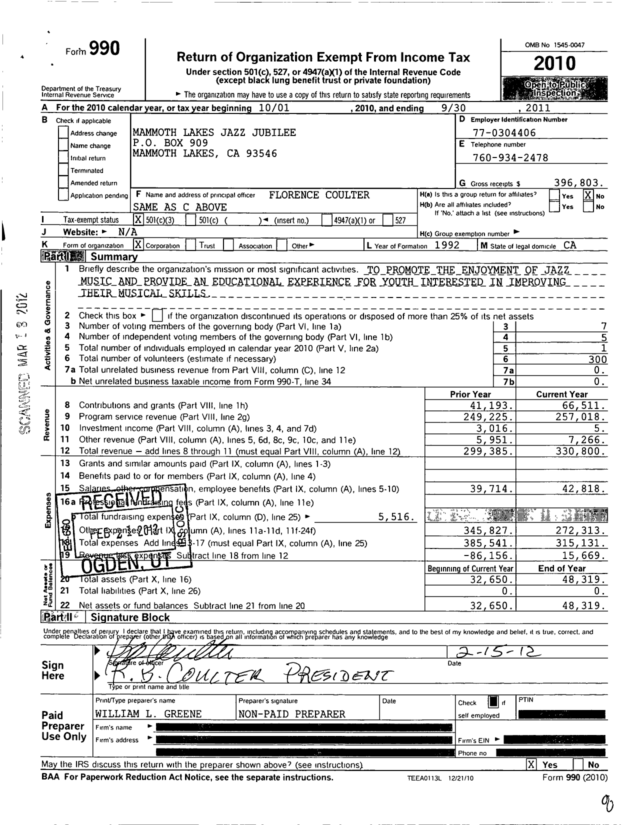 Image of first page of 2010 Form 990 for Mammoth Lakes Jazz Jubilee