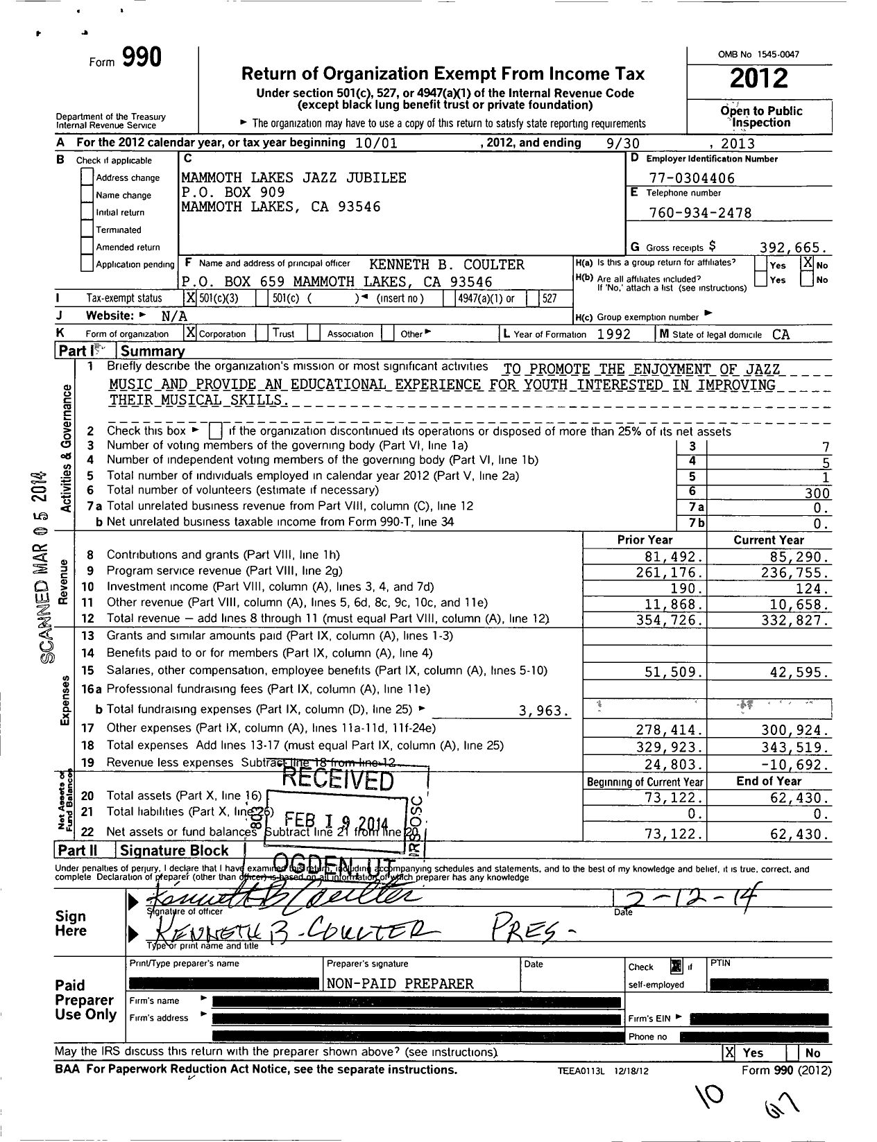 Image of first page of 2012 Form 990 for Mammoth Lakes Jazz Jubilee