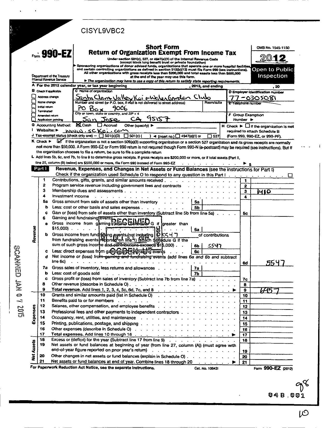 Image of first page of 2012 Form 990EO for Santa Clara Valley Koi and Watergarden Club