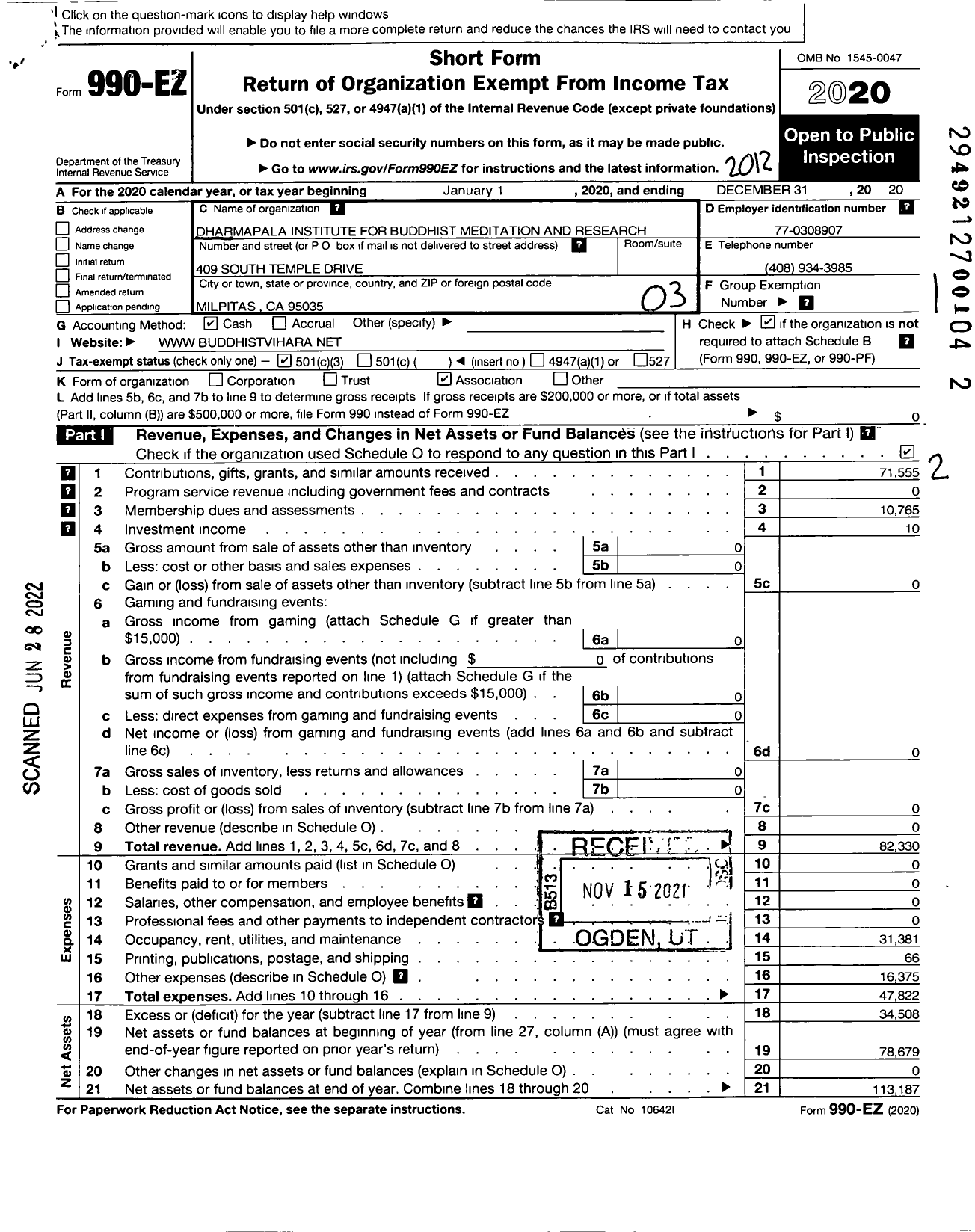 Image of first page of 2020 Form 990EZ for Dharmapala Institute for Buddhist Meditation and Research