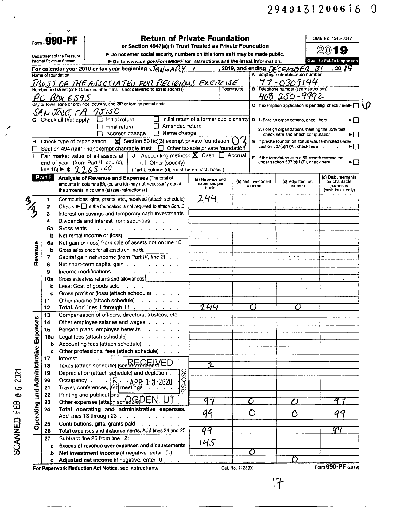 Image of first page of 2019 Form 990PF for Trust of the Associates for Religious Exercise