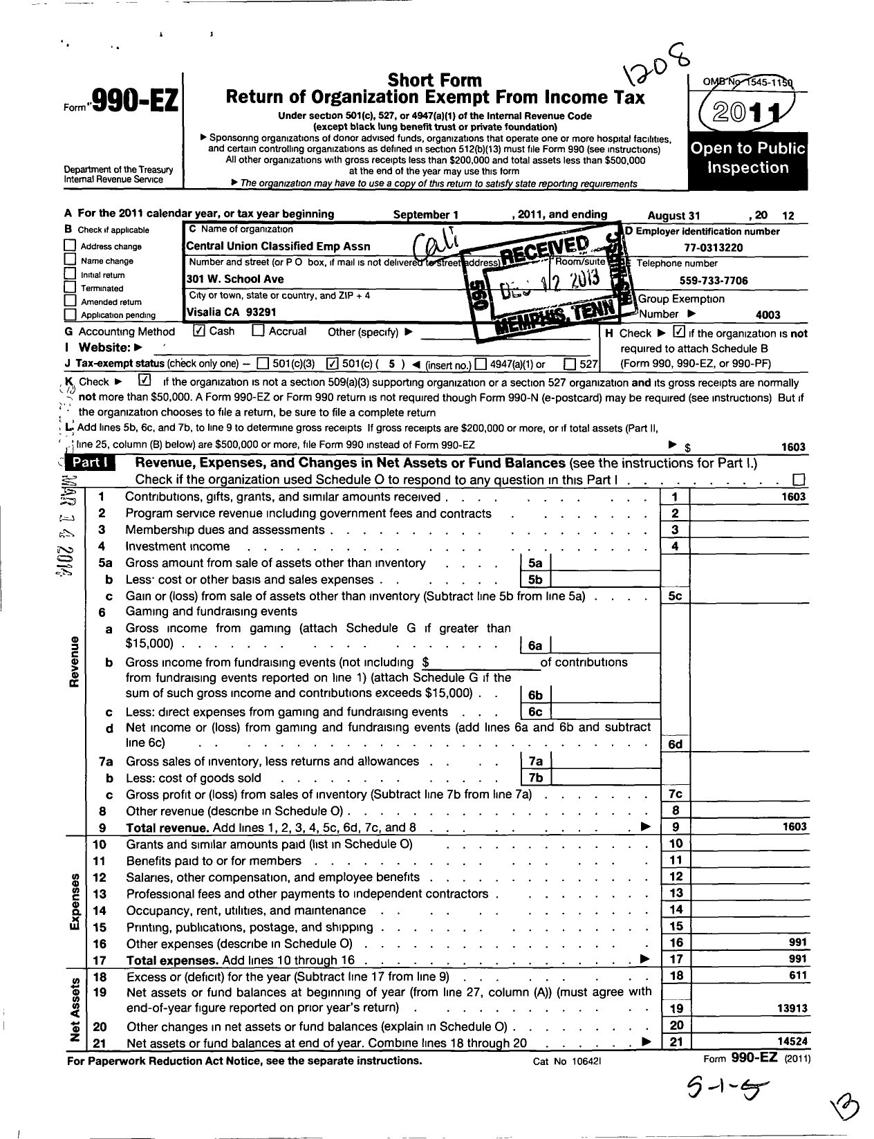 Image of first page of 2011 Form 990EO for California Teachers Association - Central Union Classified Emp Assn